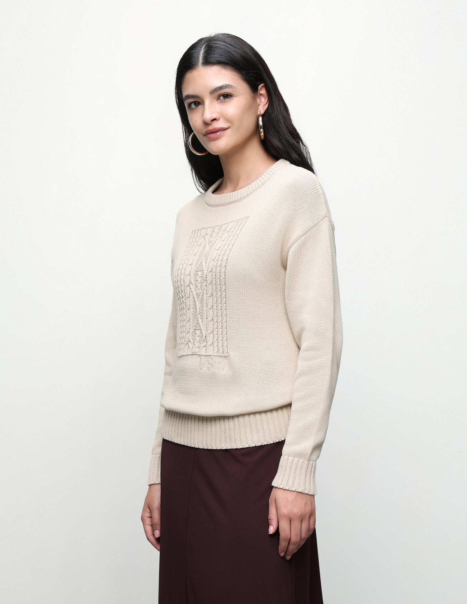 Cable Patterned Knit Relaxed Fit Sweater Ecru - U.S. Polo Assn. India | Large