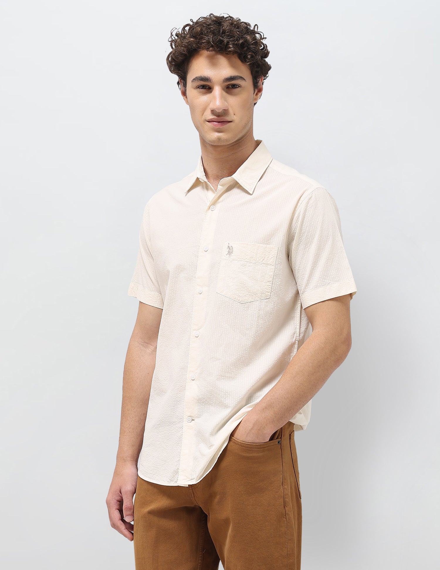 Regular Fit Seersucker Shirt Ivory - U.S. Polo Assn. India | Large
