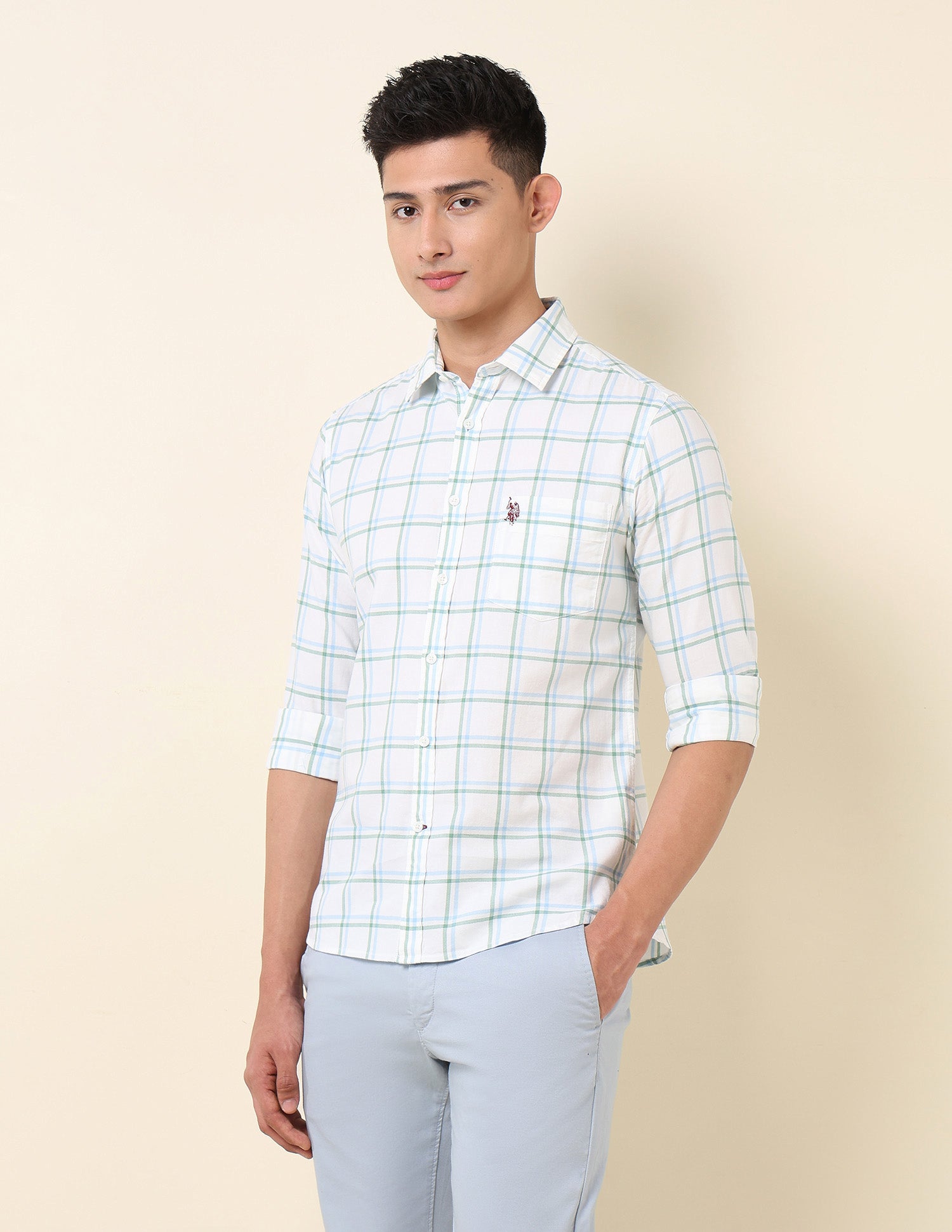 Pure Cotton Windowpane Checked Shirt Light Green - U.S. Polo Assn. India | Large