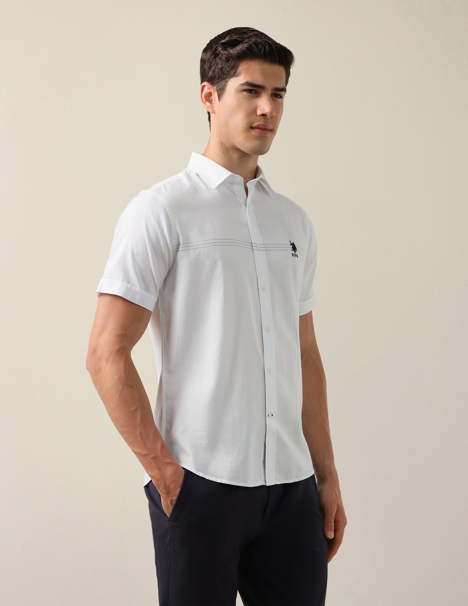 Solid With Stripe Detail Tailored Fit Shirt White - U.S. Polo Assn. India | Large