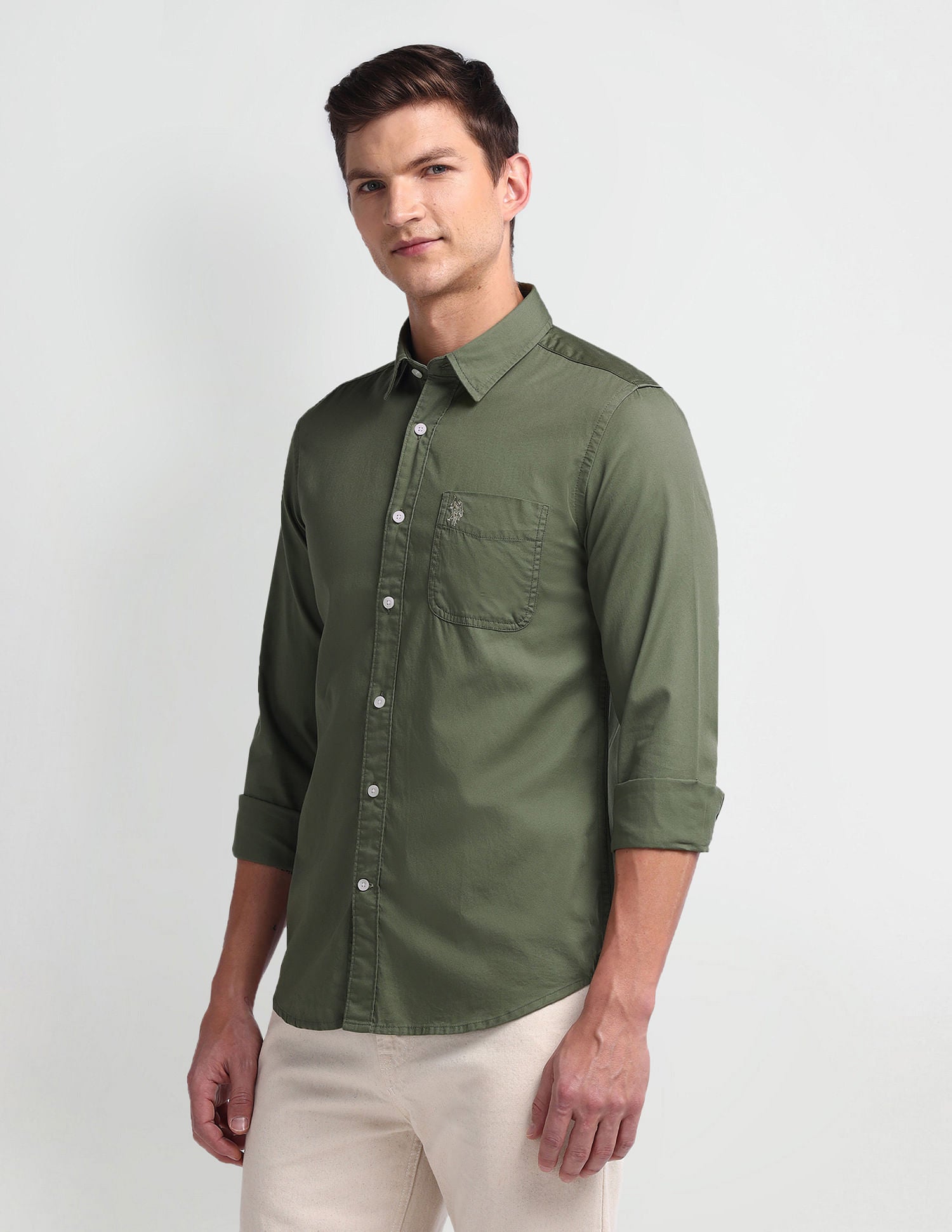 Semi Cutaway Collar Slim Fit Shirt Green - U.S. Polo Assn. India | Large