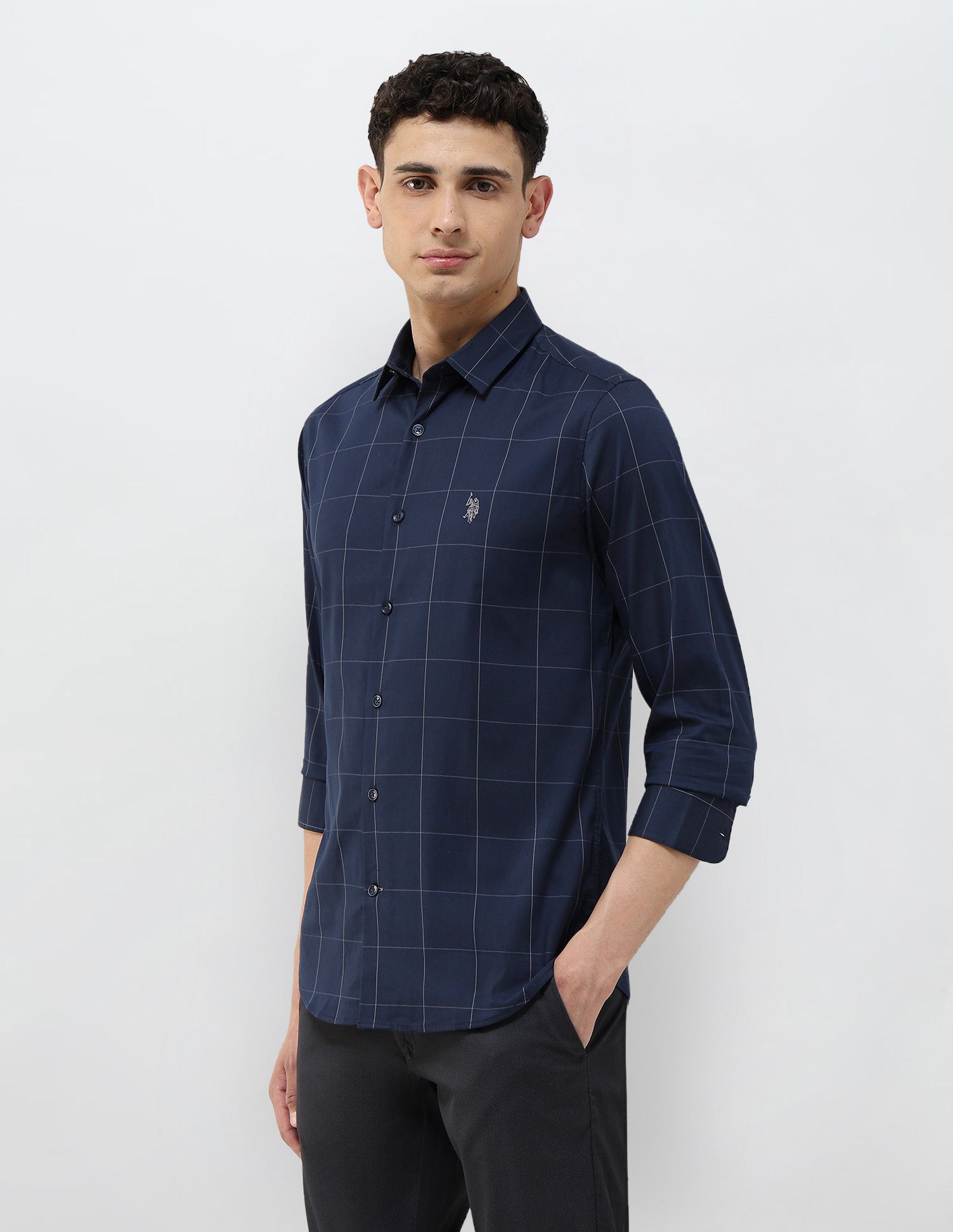 Windowpane Checked Tailored Fit Shirt Navy - U.S. POLO ASSN. | Large