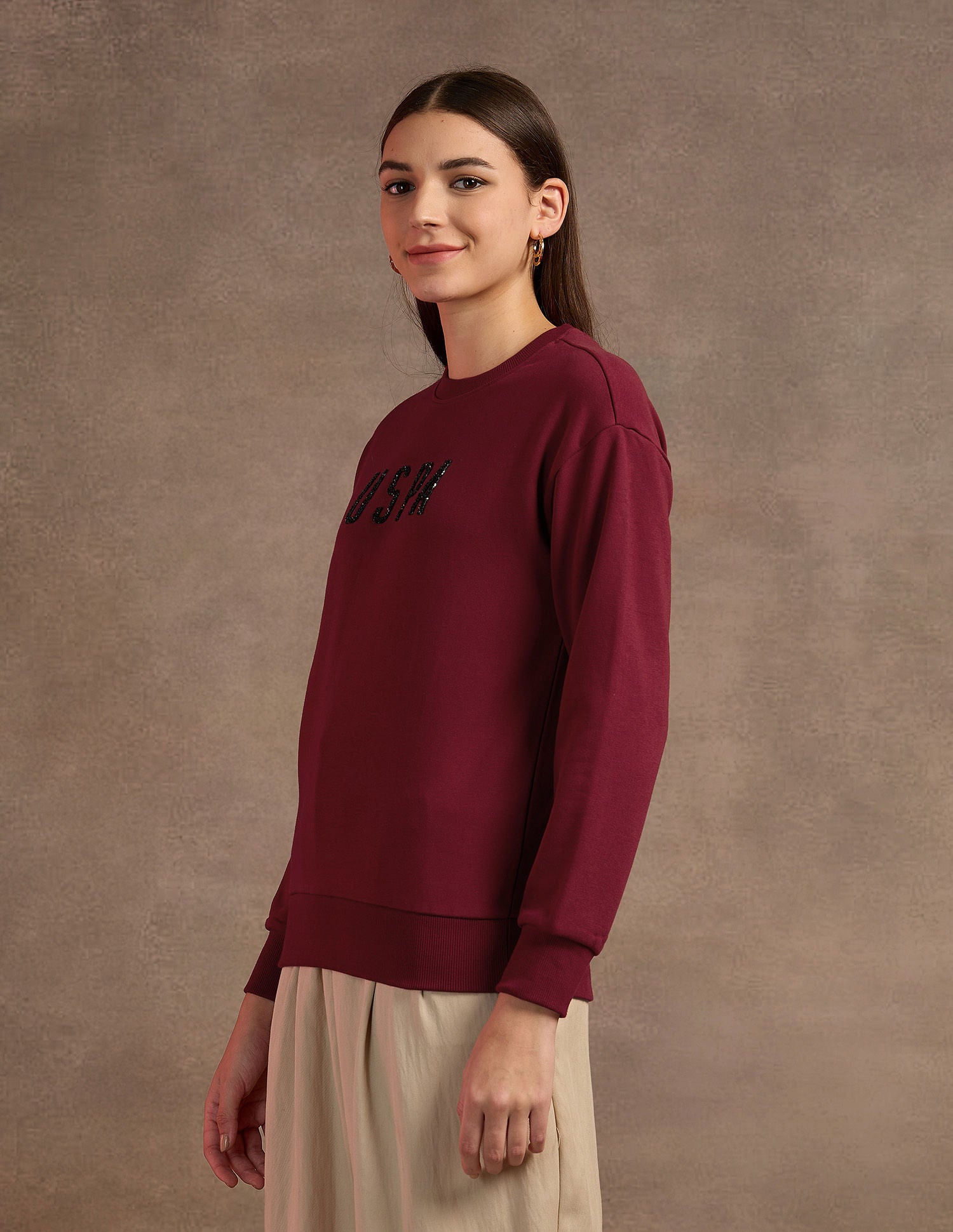 Drop Shoulder Studed Sweatshirt Maroon - U.S. POLO ASSN. | Large