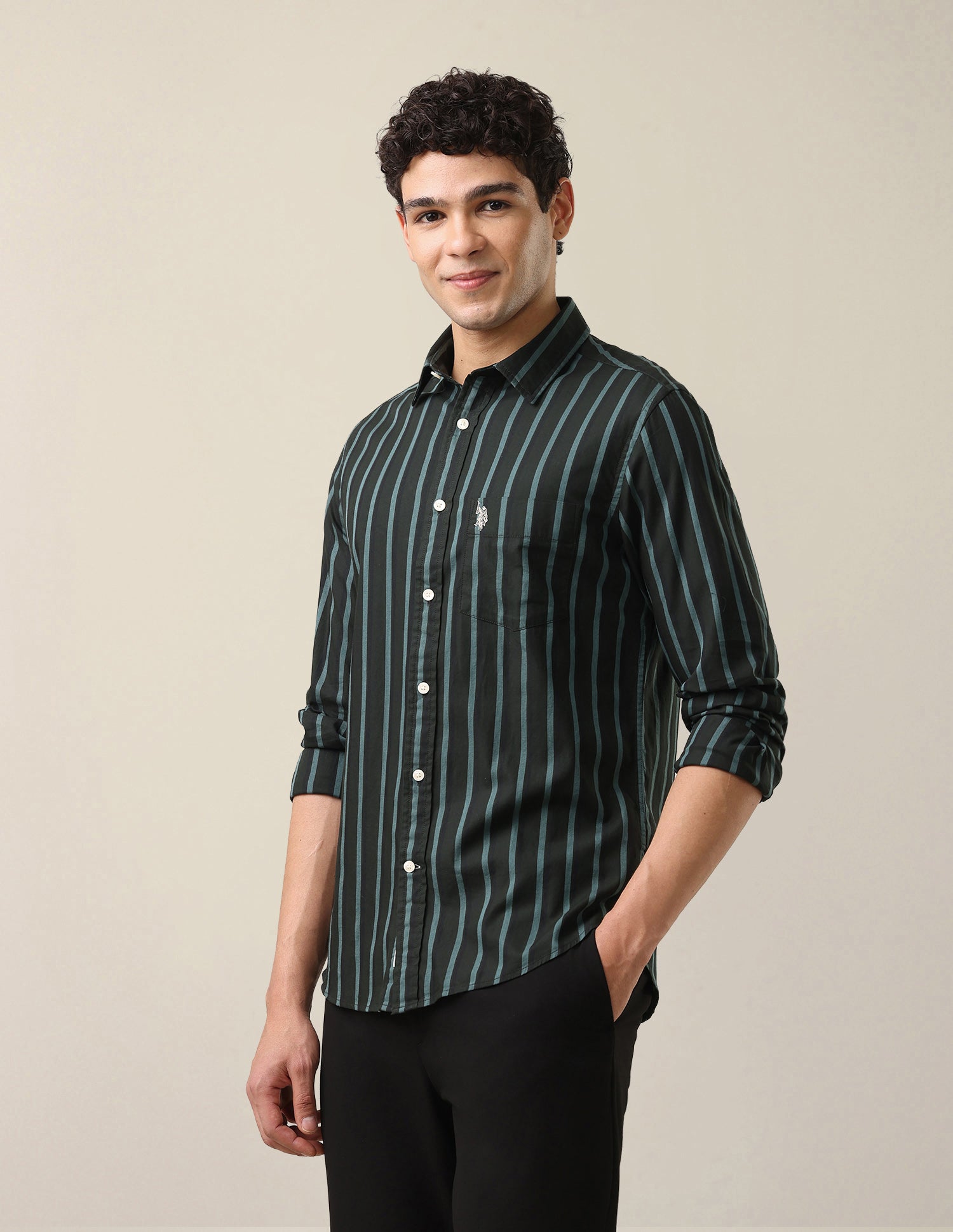Vertical Striped Twill Shirt Dark Green - U.S. Polo Assn. India | Large