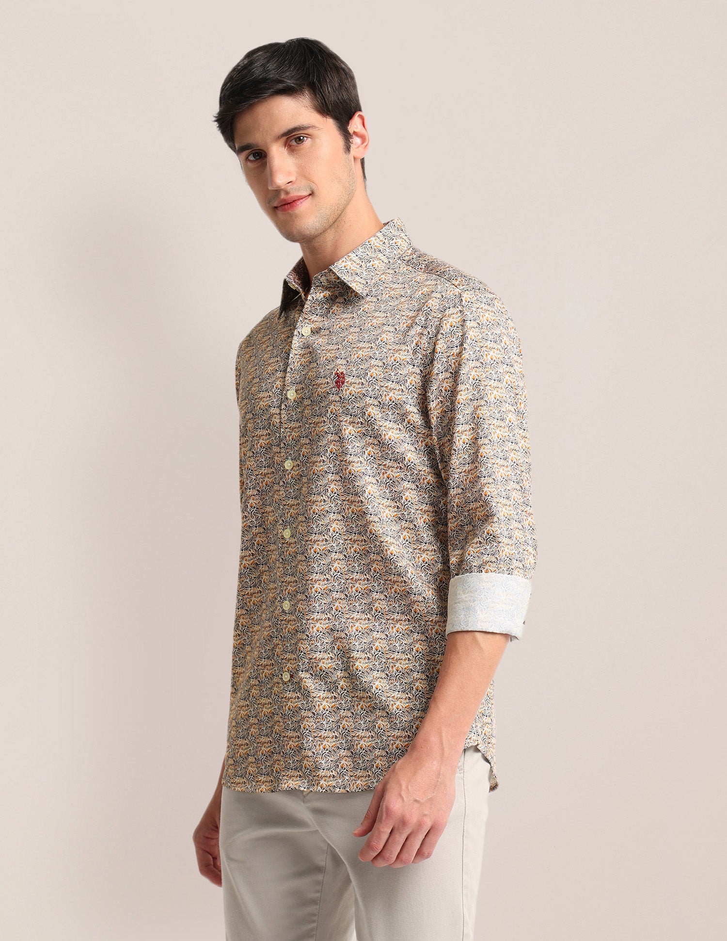 Abstract Print Sateen Shirt Khaki - U.S. POLO ASSN. | Large