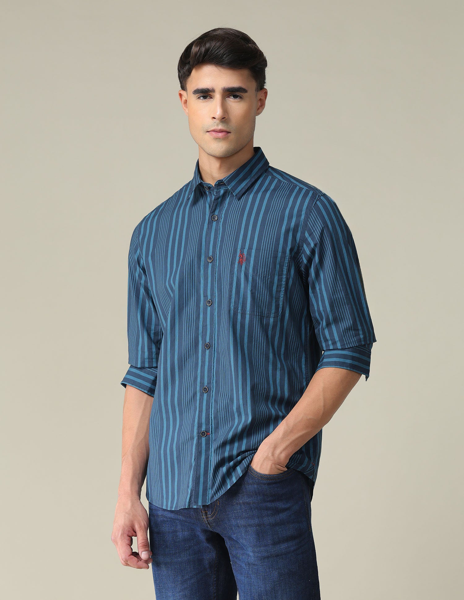 Vertical Stripe Cotton Shirt Navy - U.S. POLO ASSN. | Large