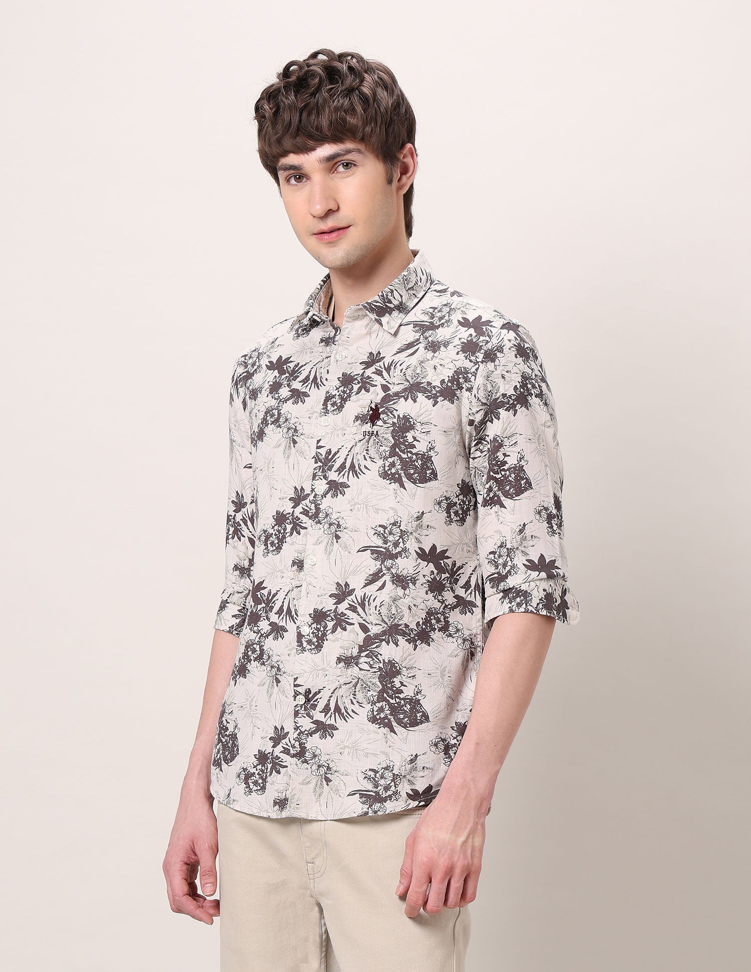 Floral Printed Regular Fit Shirt Beige - U.S. POLO ASSN. | Large