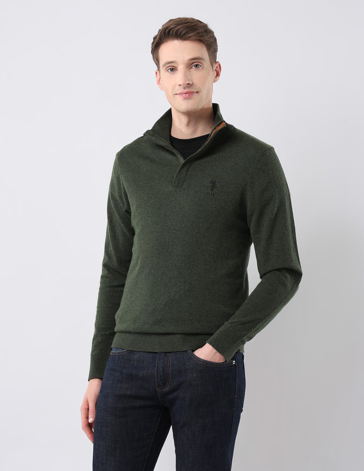Regular Fit Solid Sweater Green - U.S. Polo Assn. India | Large