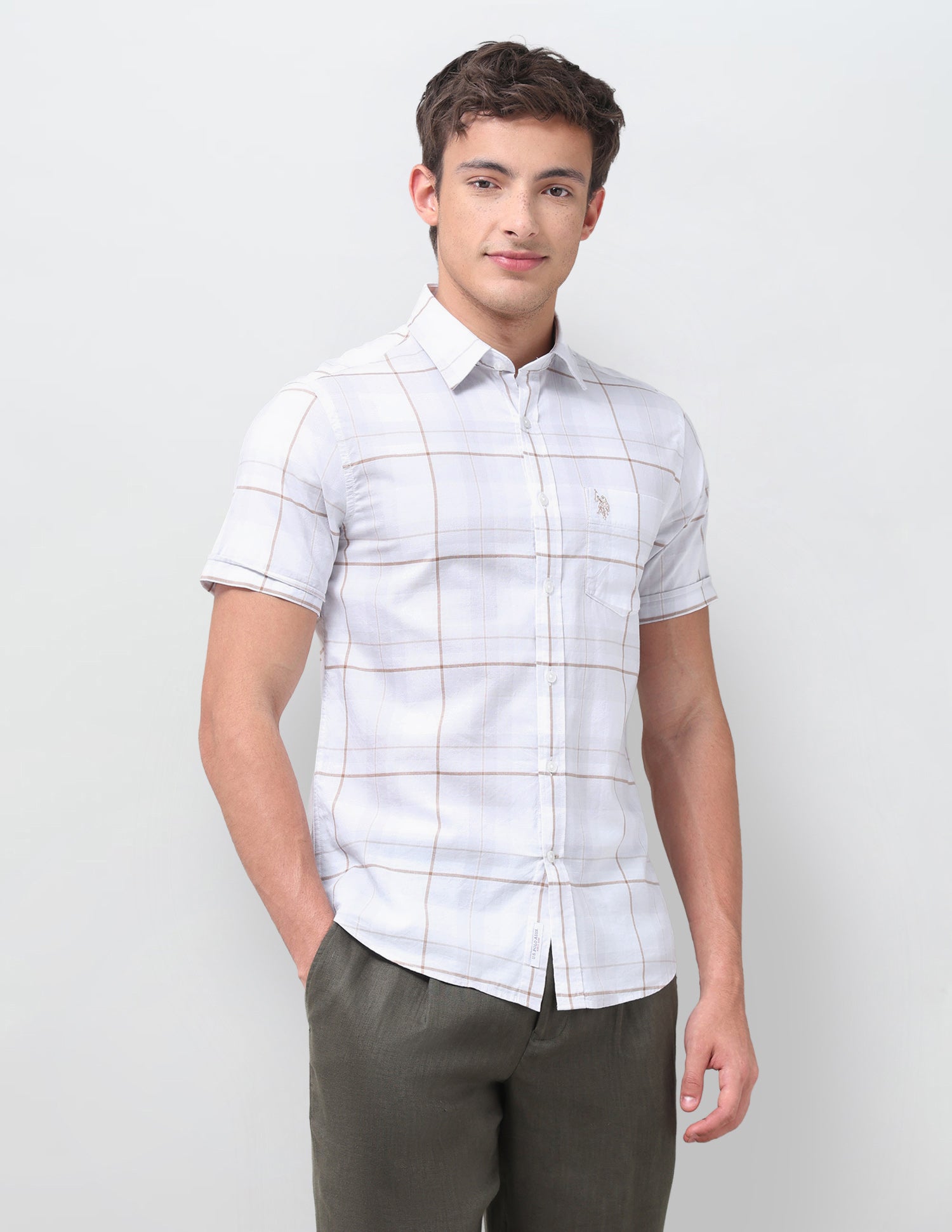 Windowpane Checked Regular Fit Shirt Light Khaki - U.S. Polo Assn. India | Large