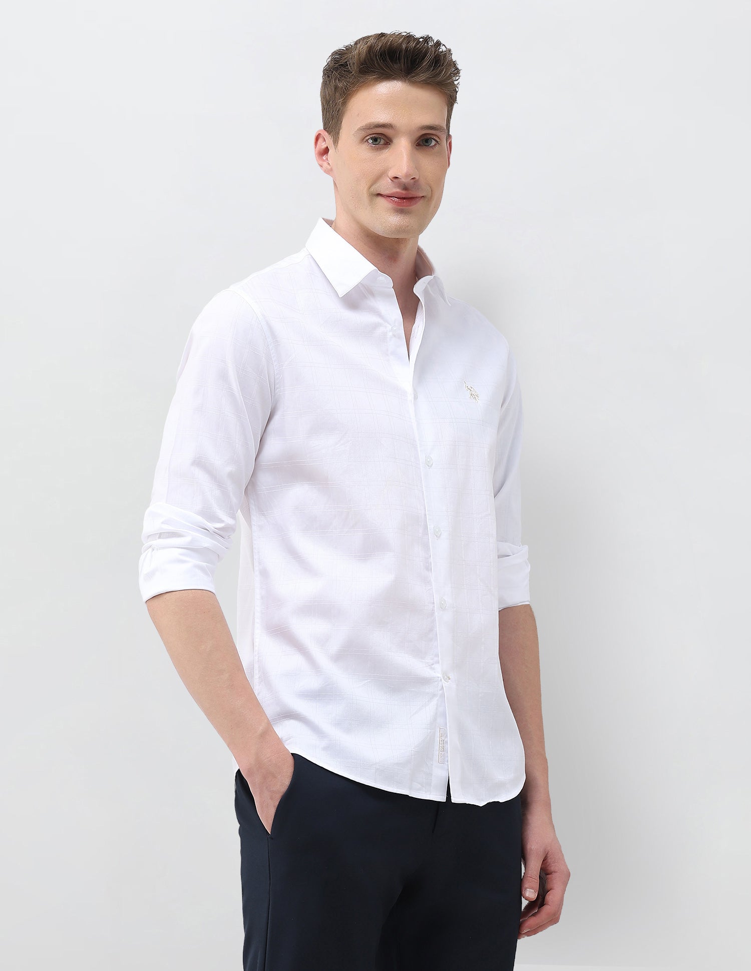 Dobby Self Design Grid Tattersall Checked Shirt White - U.S. Polo Assn. India | Large