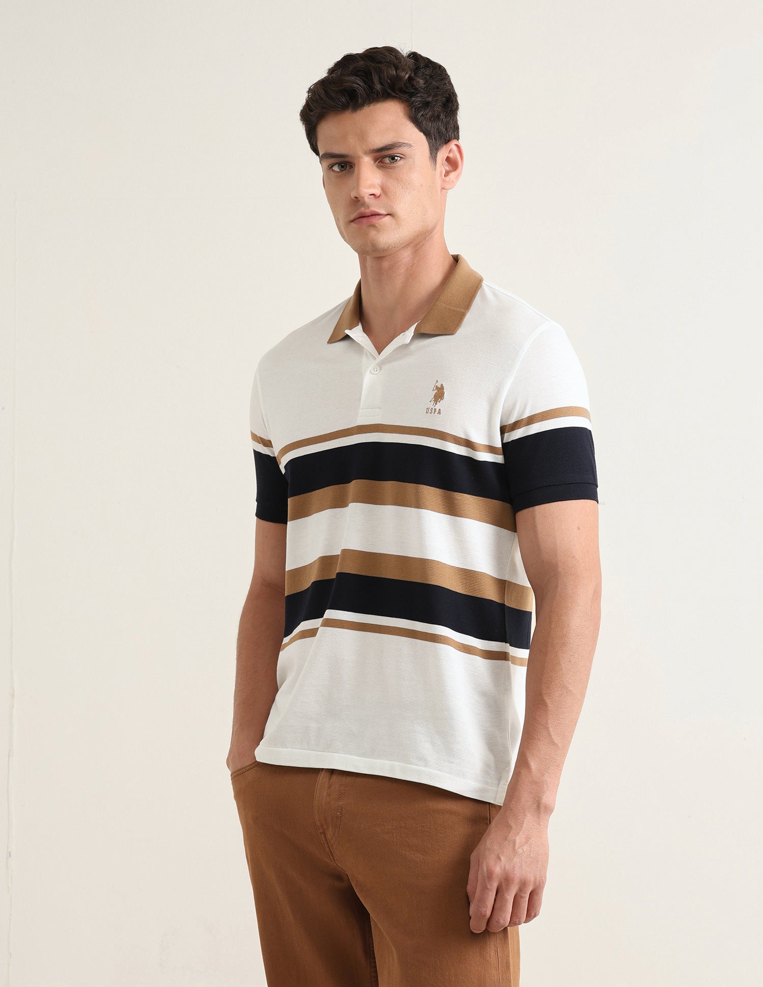 Horizontal Striped Slim Fit Polo Shirt Beige - U.S. Polo Assn. India | Large
