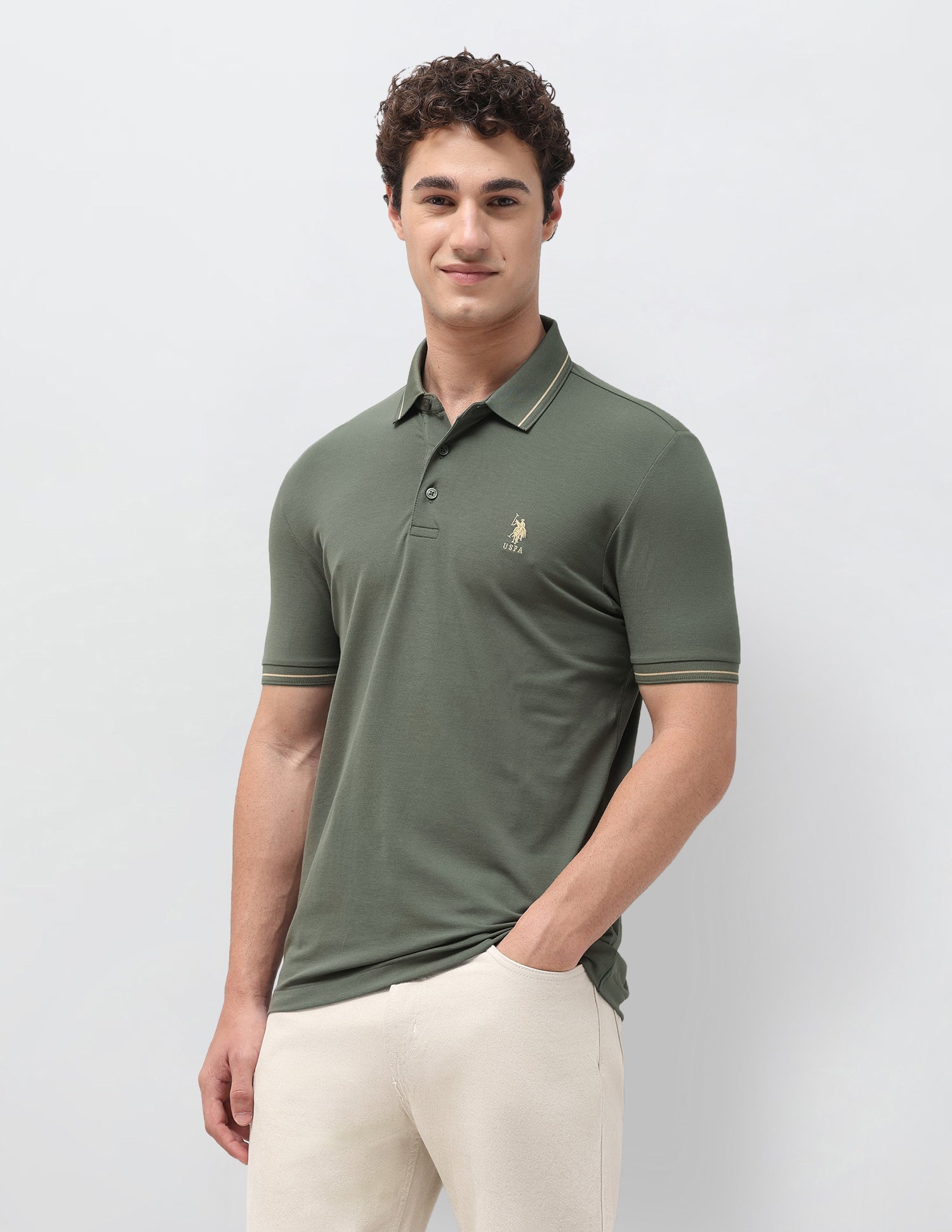 Slim Fit Solid Polo Shirt Green - U.S. Polo Assn. India | Large