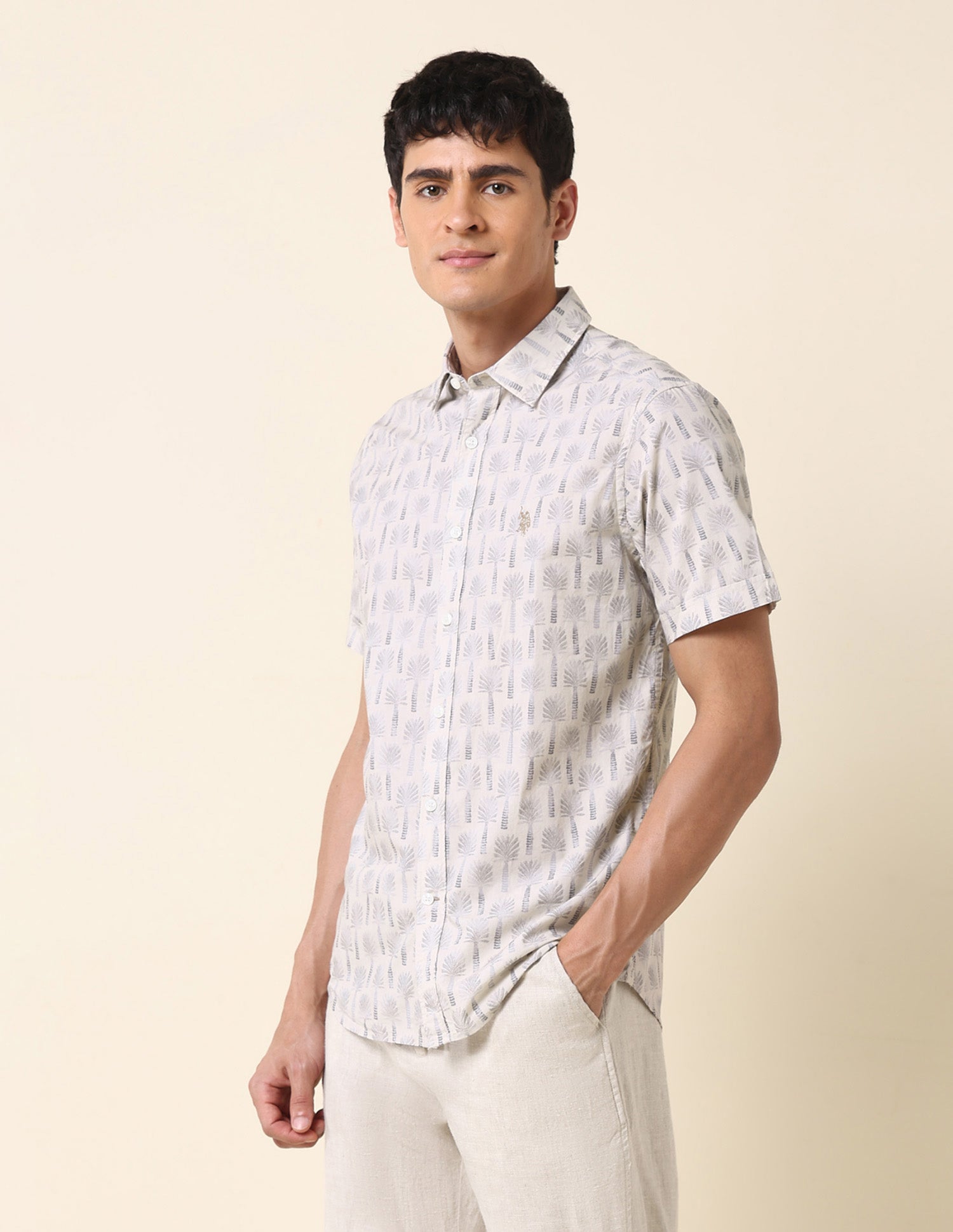 Tropical Printed Tailored Fit Shirt Khaki - U.S. Polo Assn. India | Large