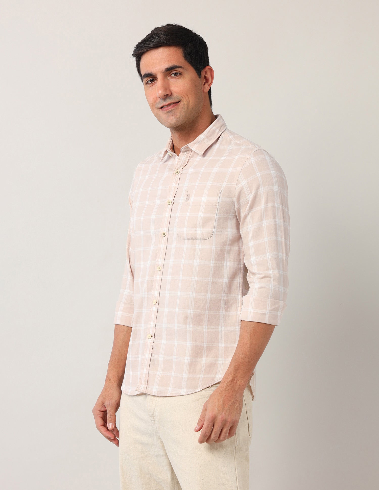 Grid Tattersall Checked Regular Fit Shirt Beige - U.S. Polo Assn. India | Large