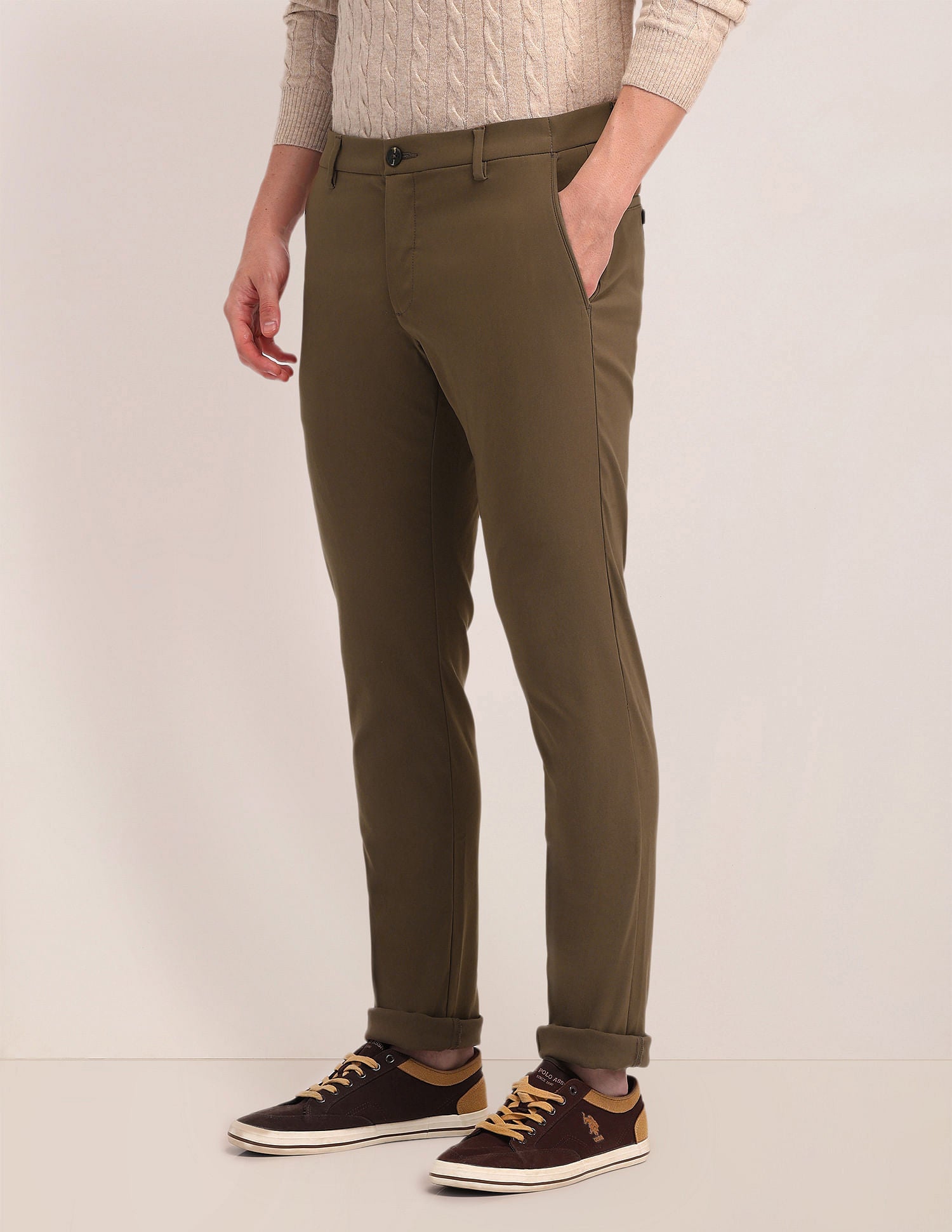 Solid Austin Trim Fit Trousers Brown - U.S. Polo Assn. India | Large