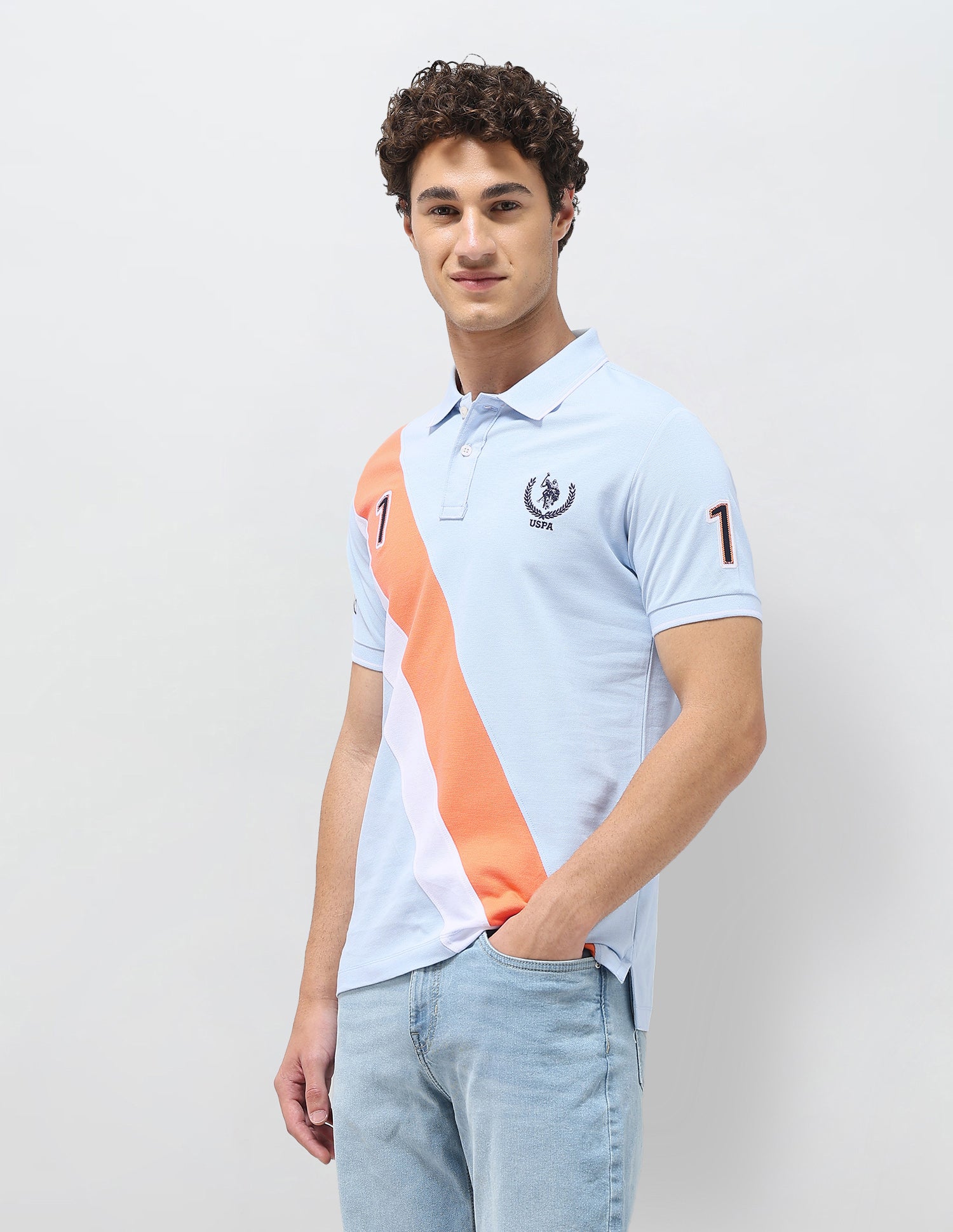 Diagonal Colorblocked Brand Embroidered Polo Shirt Light Blue - U.S. Polo Assn. India | Large