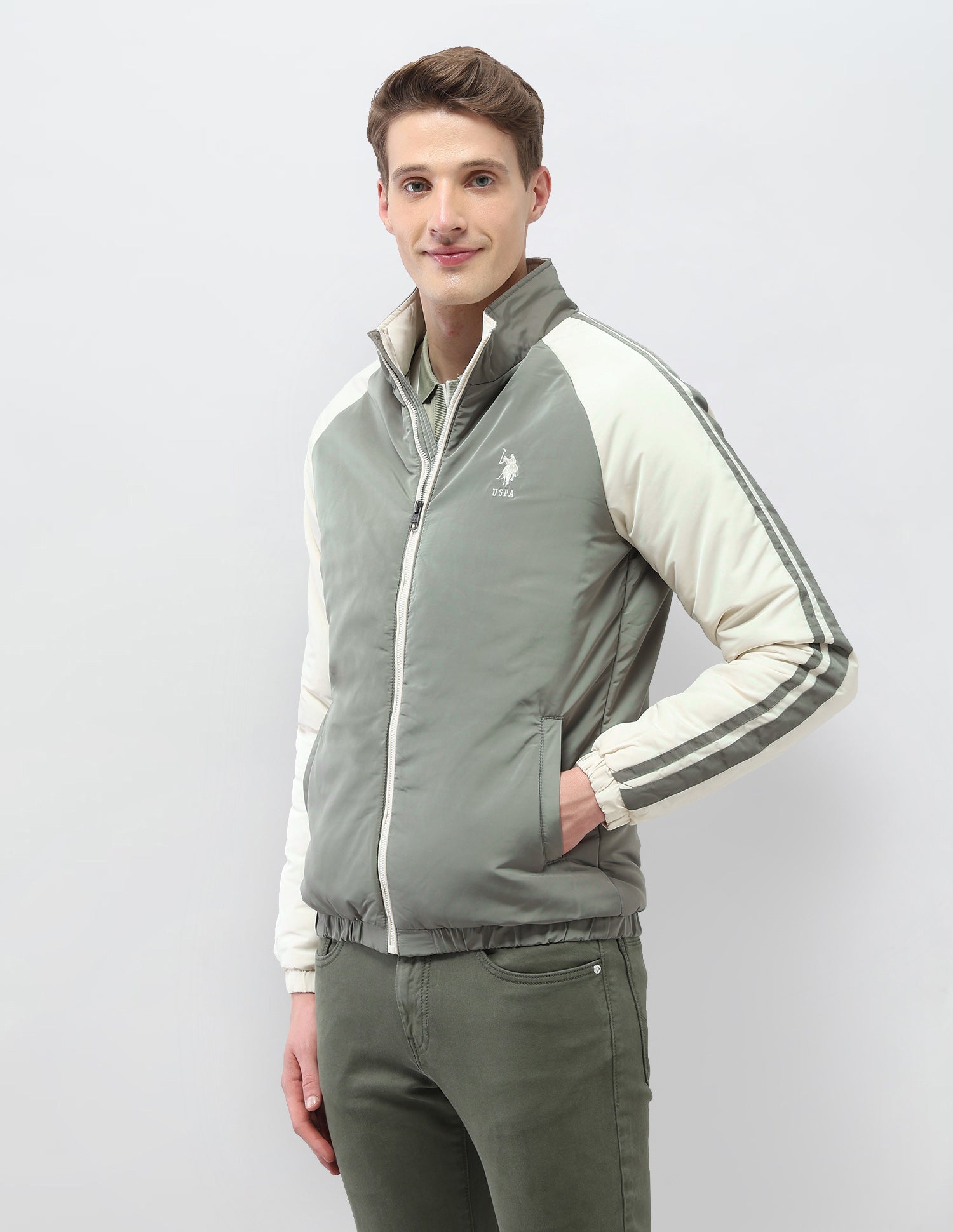 Colour Blocked Regular Fit Puffer Jacket Green - U.S. Polo Assn. India | Large