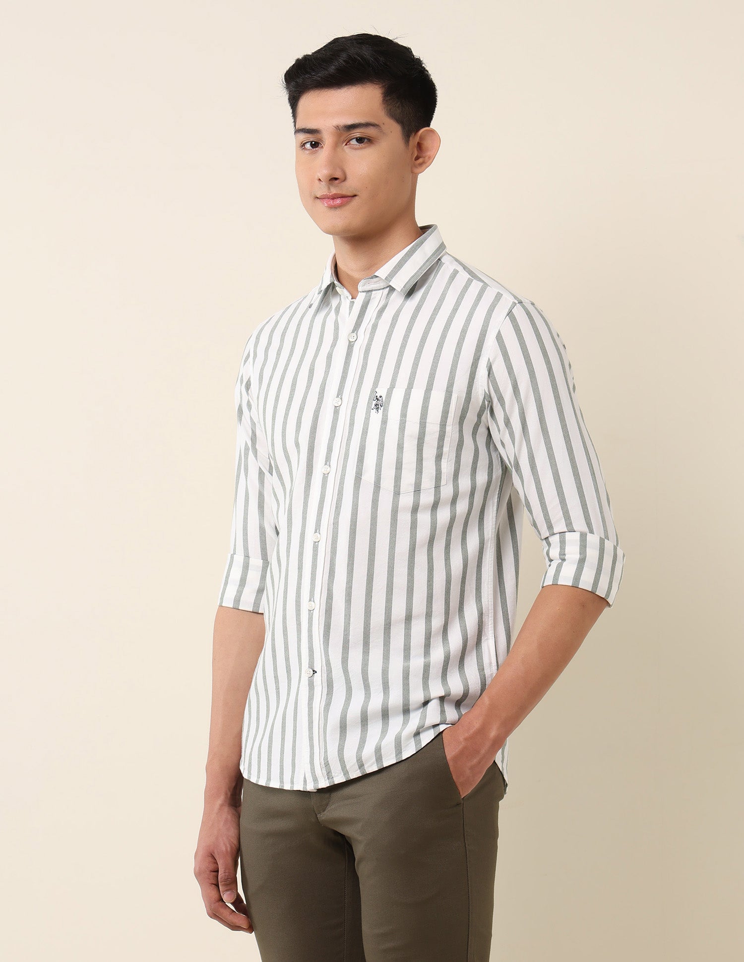 Vertical Striped Pure Cotton Shirt Dark Green - U.S. Polo Assn. India | Large
