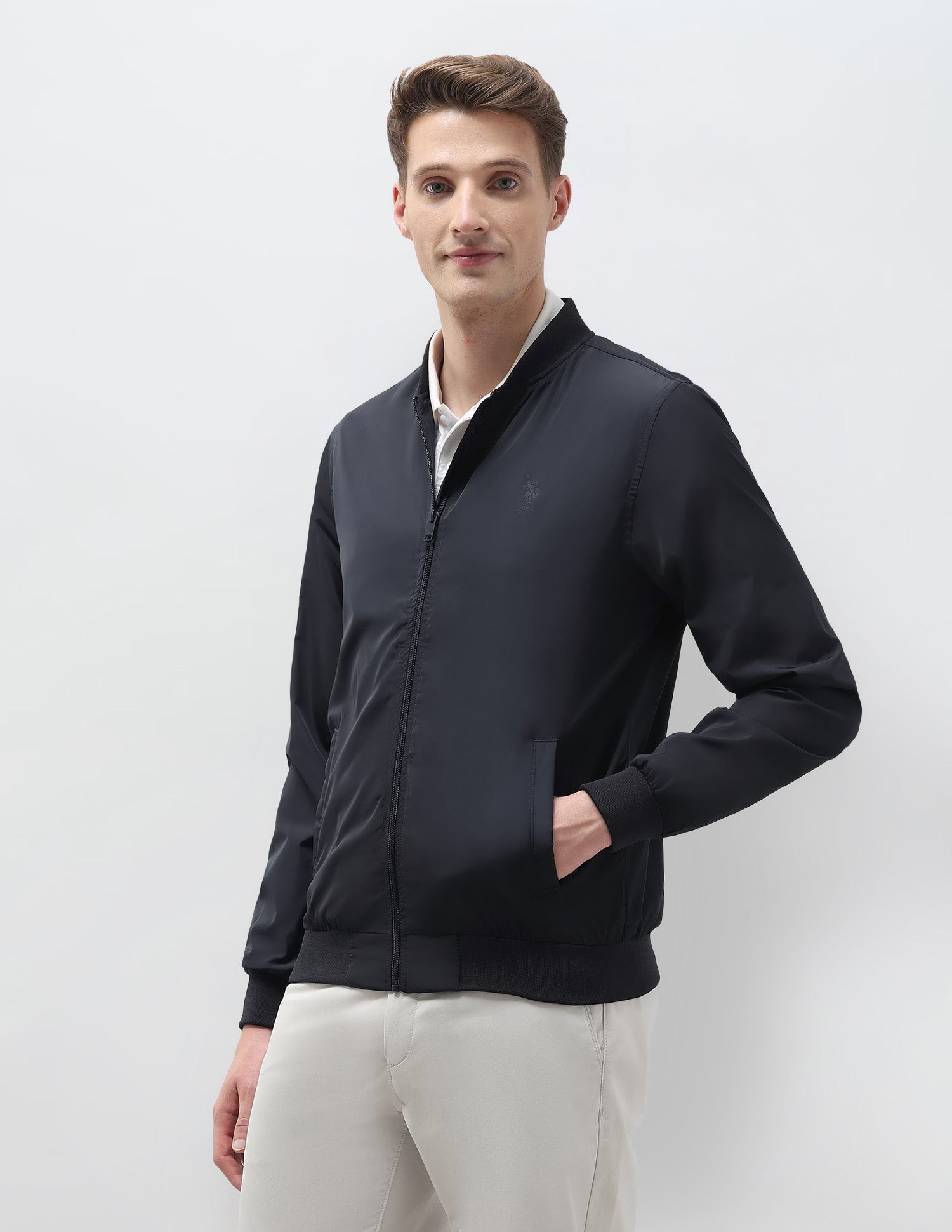 Solid Regular Fit Bomber Jacket Navy - U.S. Polo Assn. India | Large