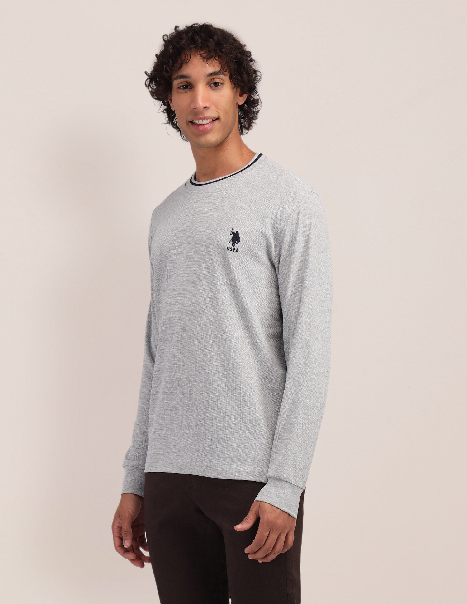 Textured Cotton Slim Fit T-Shirt Grey - U.S. Polo Assn. India | Large