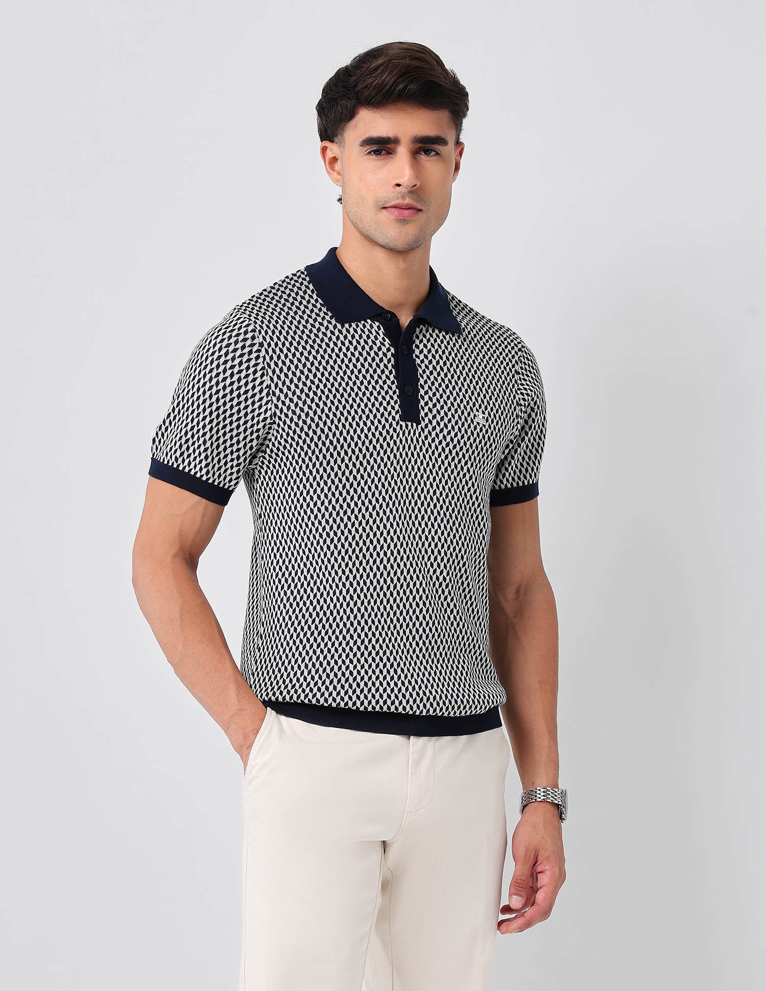 Self Design Geometric Regular Fit Polo Shirt Navy - U.S. POLO ASSN. | Large