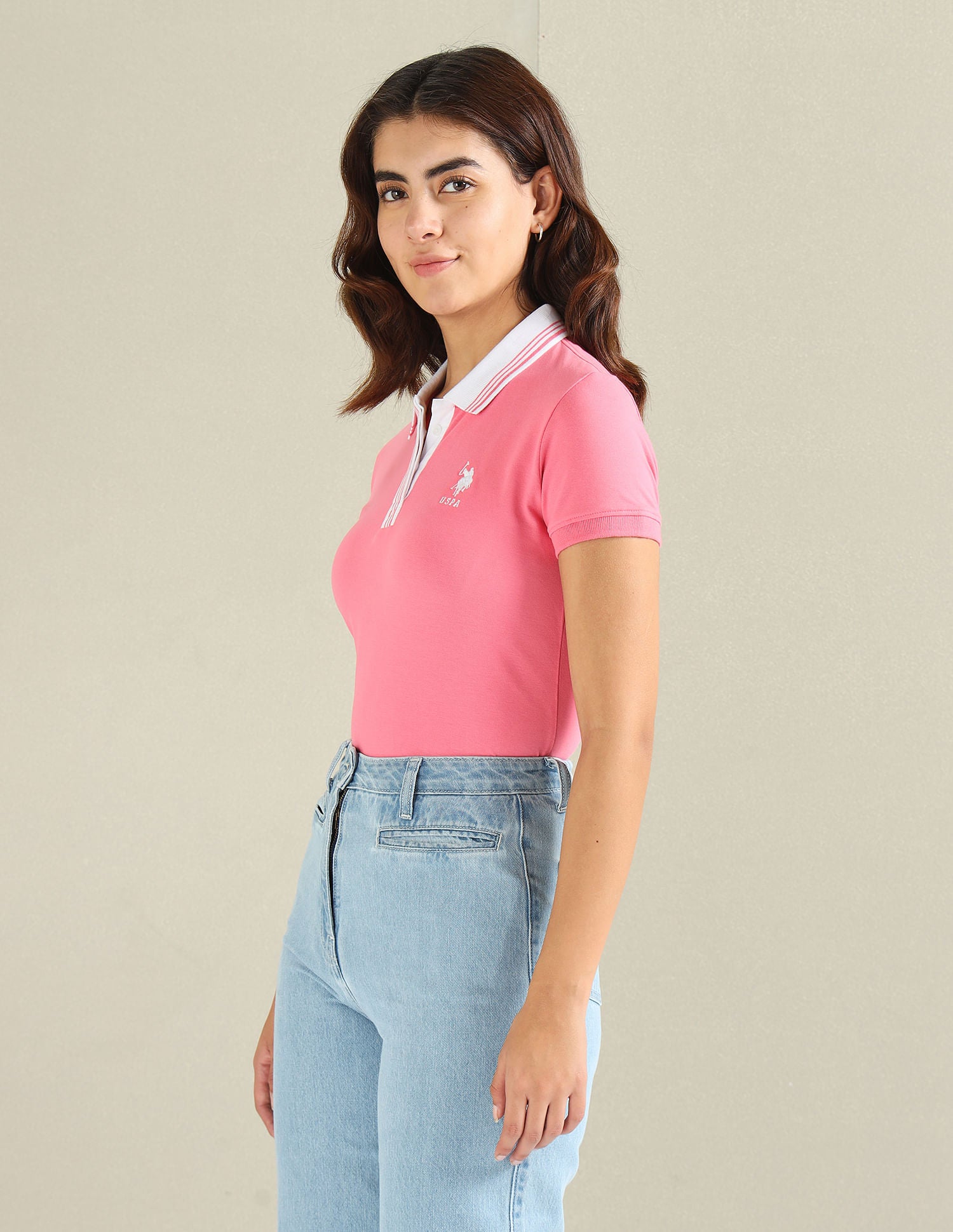 Striped Collar Pique Polo Shirt Pink - U.S. POLO ASSN. | Large