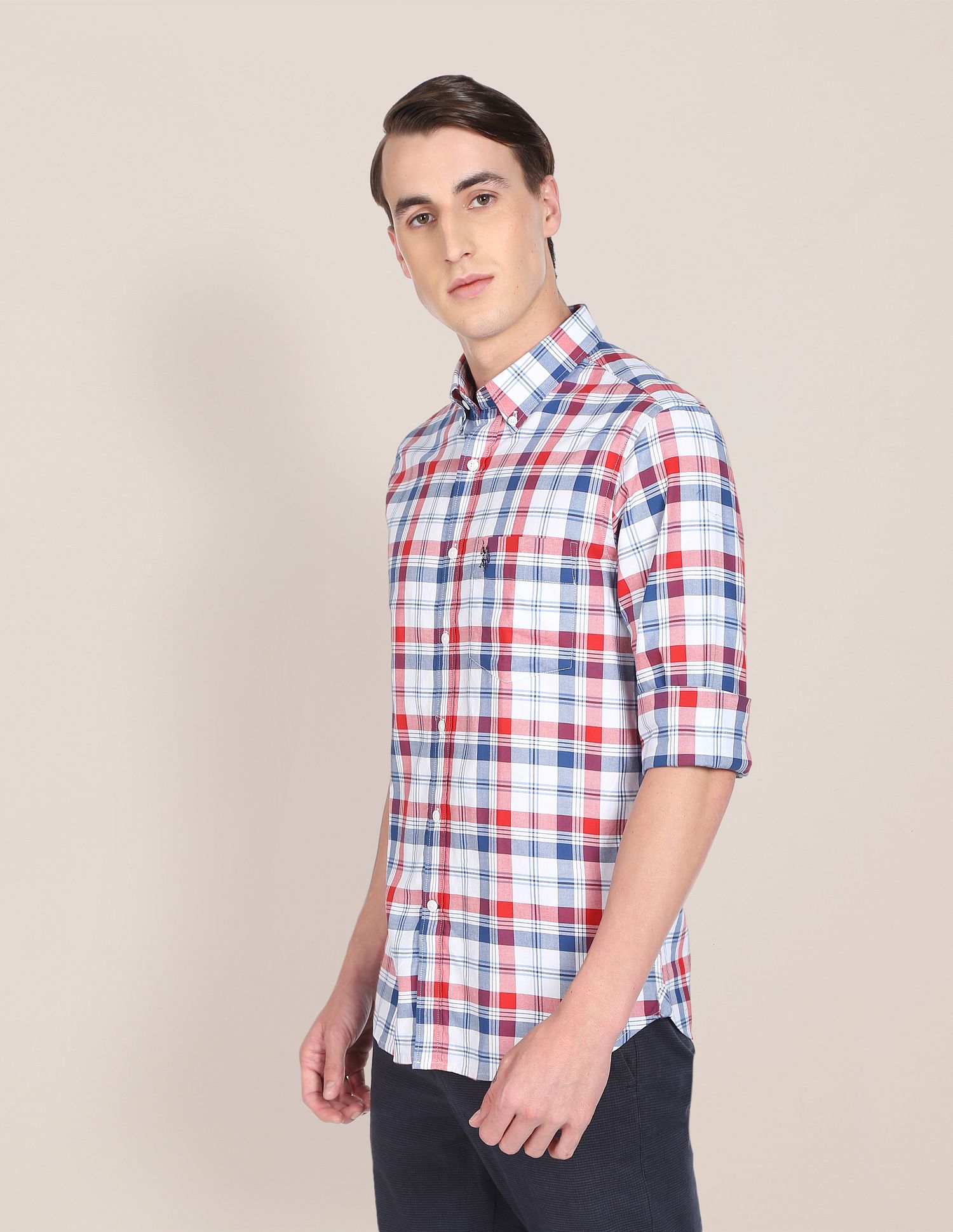 Men Red Twill Weave Premium Cotton Casual Shirt White, Red and Blue - U.S. Polo Assn. India | Large