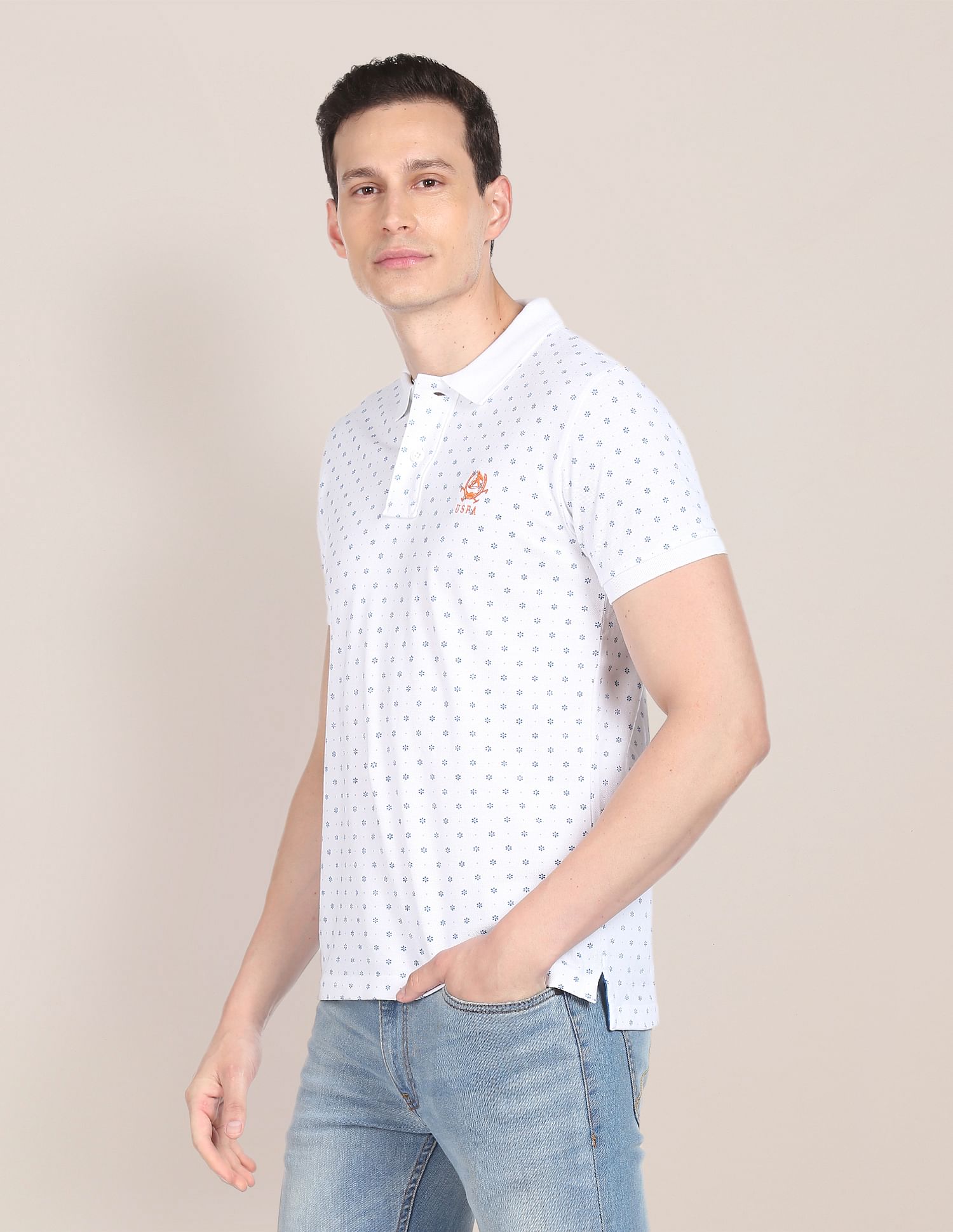 Men White Floral Print Cotton Pique Polo Shirt White - U.S. POLO ASSN. | Large