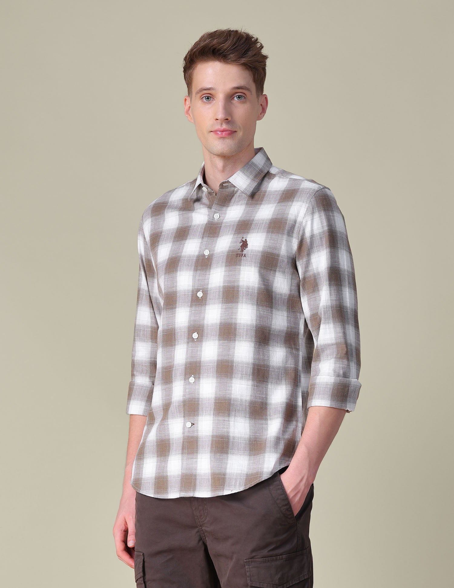 Tartan Checked Dobby Shirt Light Brown - U.S. POLO ASSN. | Large