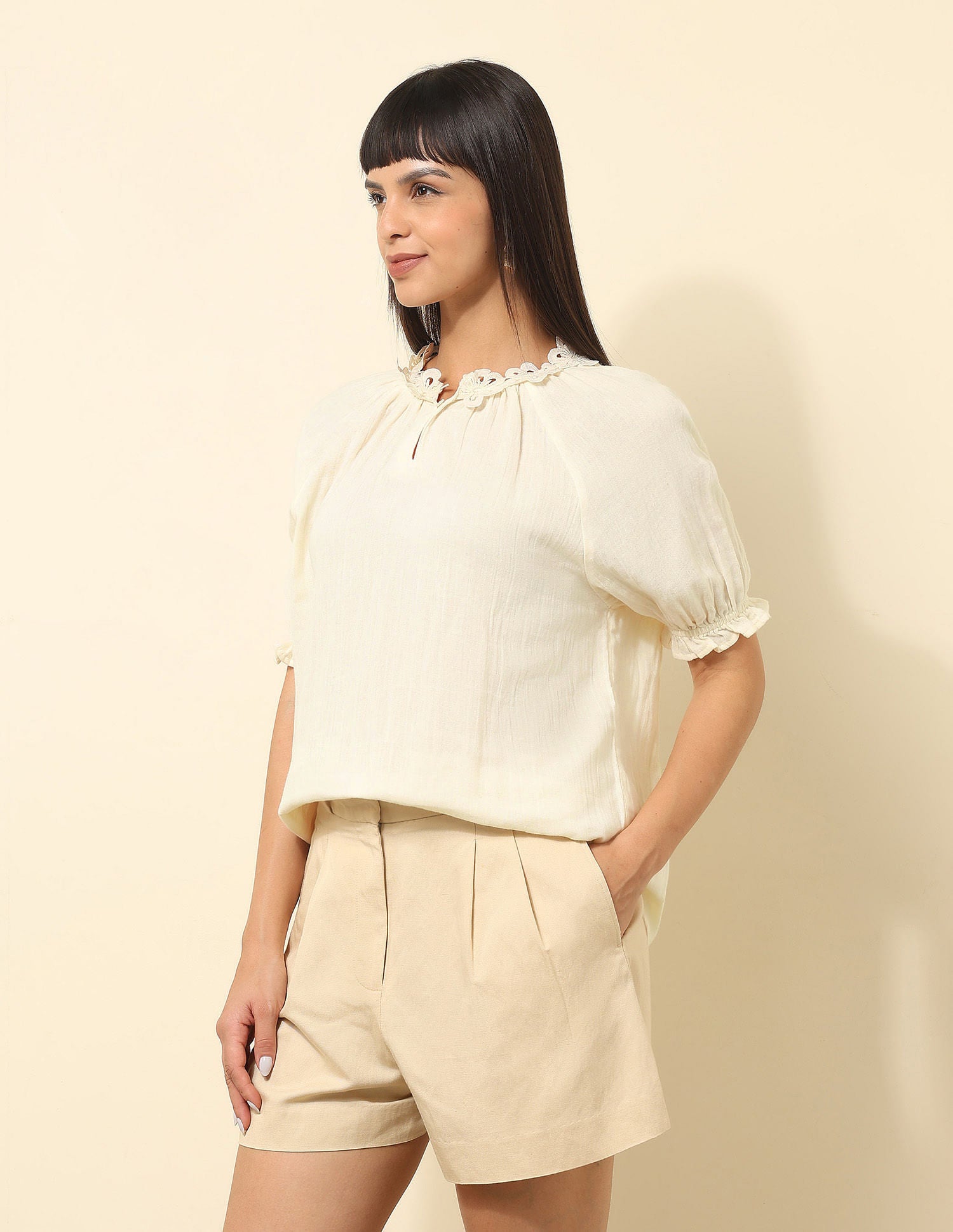 Solid Lace Deatil Top Ecru - U.S. POLO ASSN. | Large