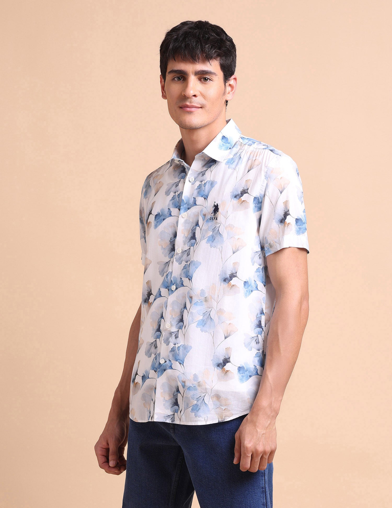 Floral Printed Slim Fit Shirt Blue - U.S. POLO ASSN. | Large