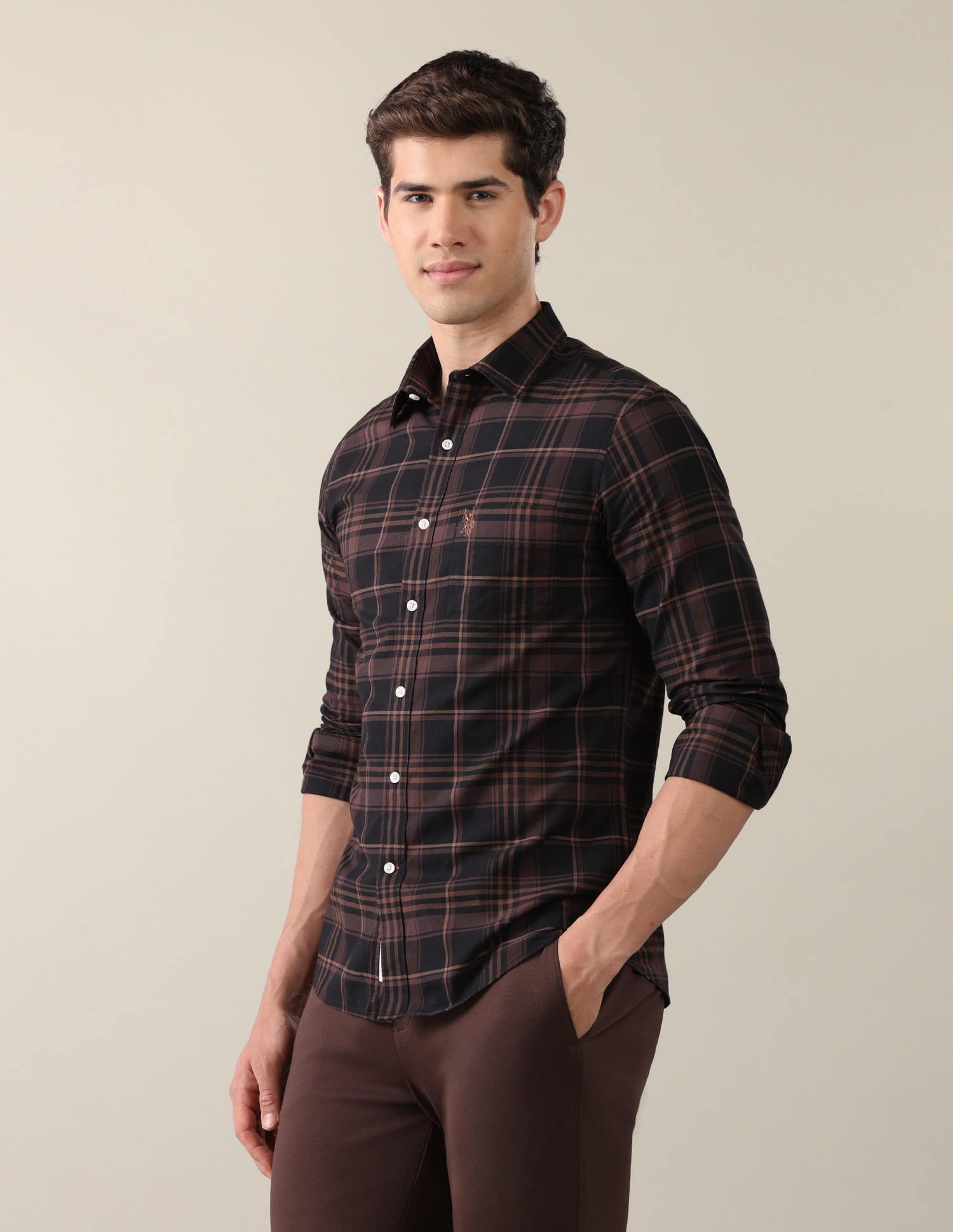 Plaid Checked Tailored Fit Shirt Brown - U.S. Polo Assn. India | Large
