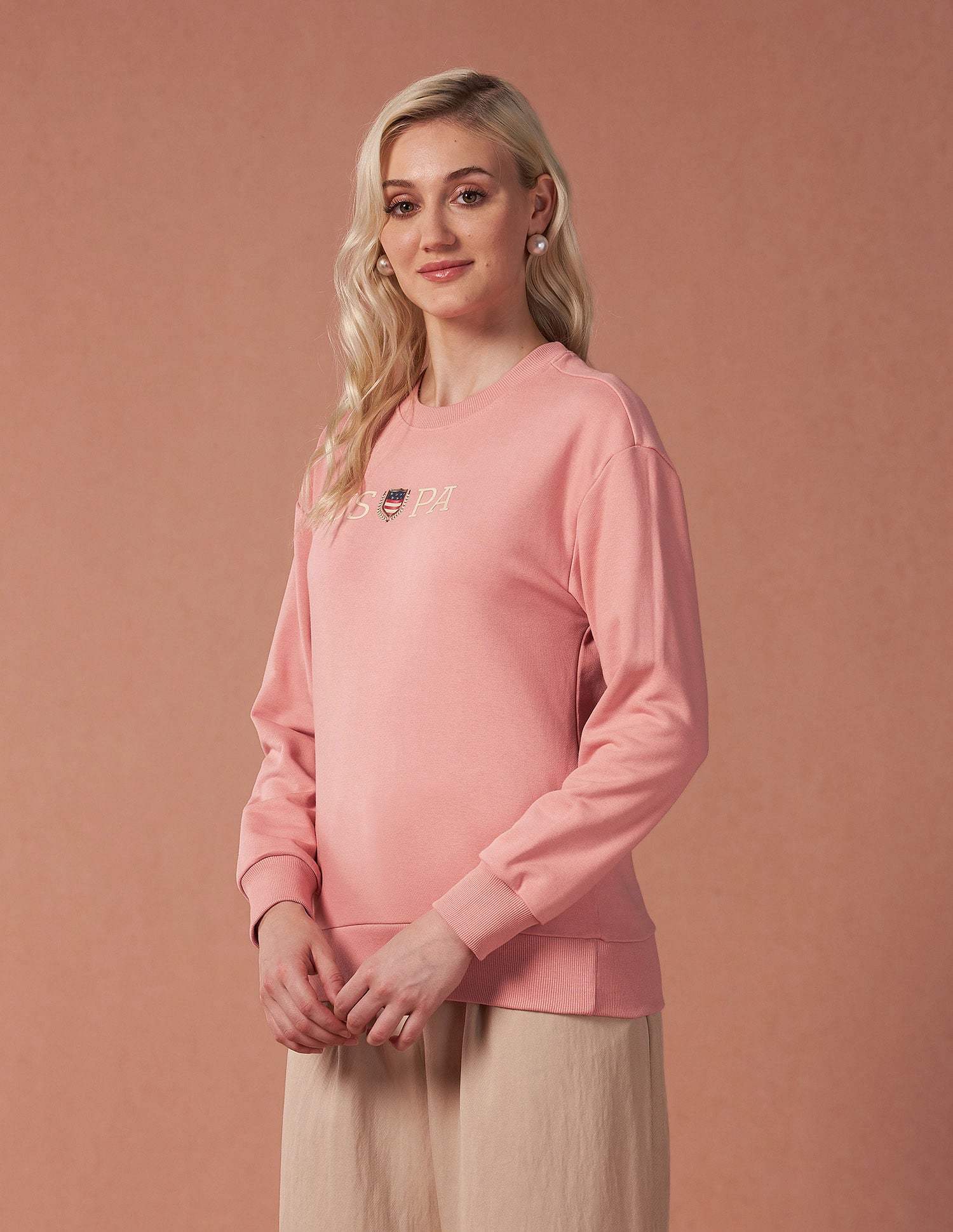 Drop Shoulder Glitter Print Sweatshirt Peach - U.S. POLO ASSN. | Large