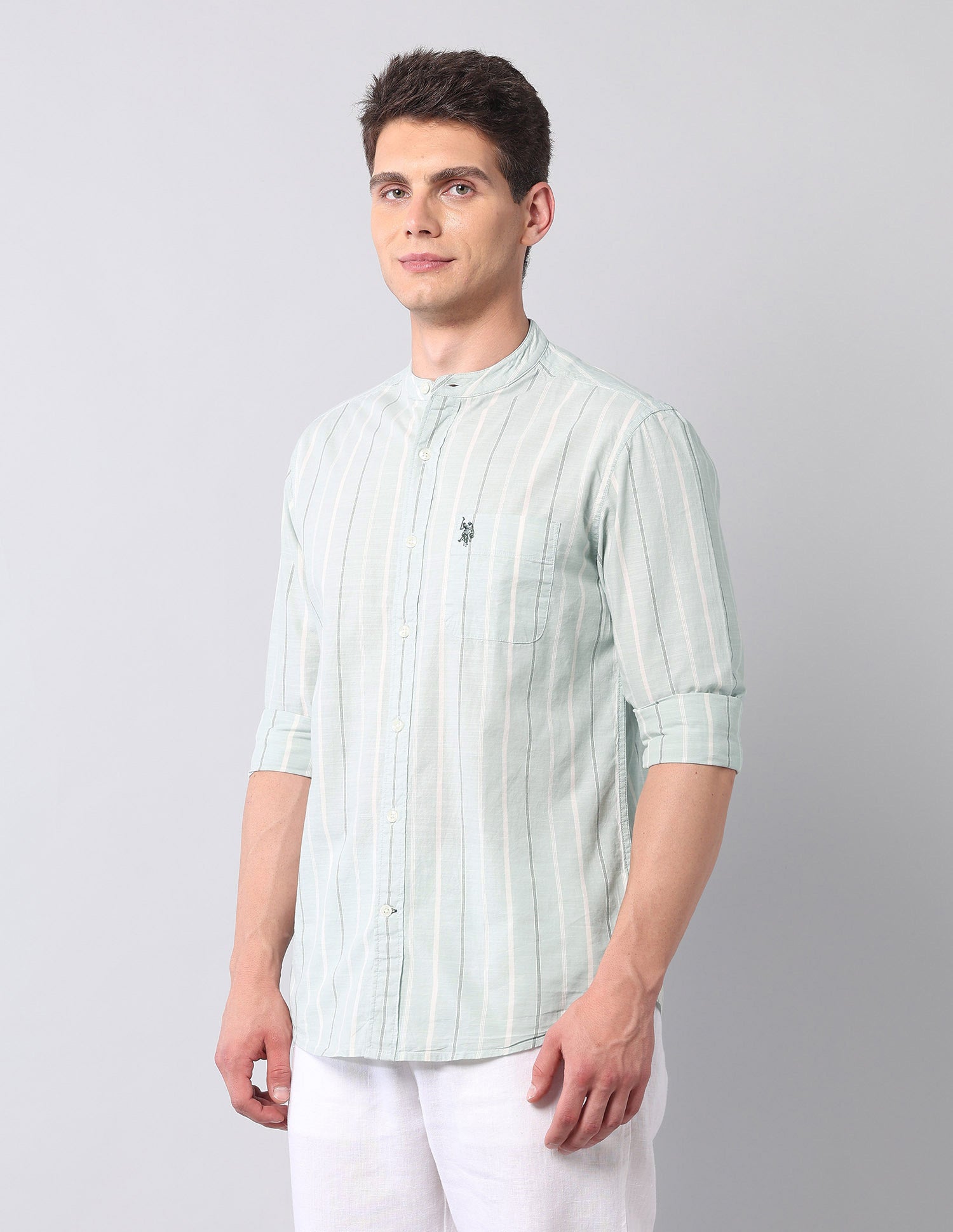 Vertical Striped Pure Cotton Shirt Light Green - U.S. Polo Assn. India | Large