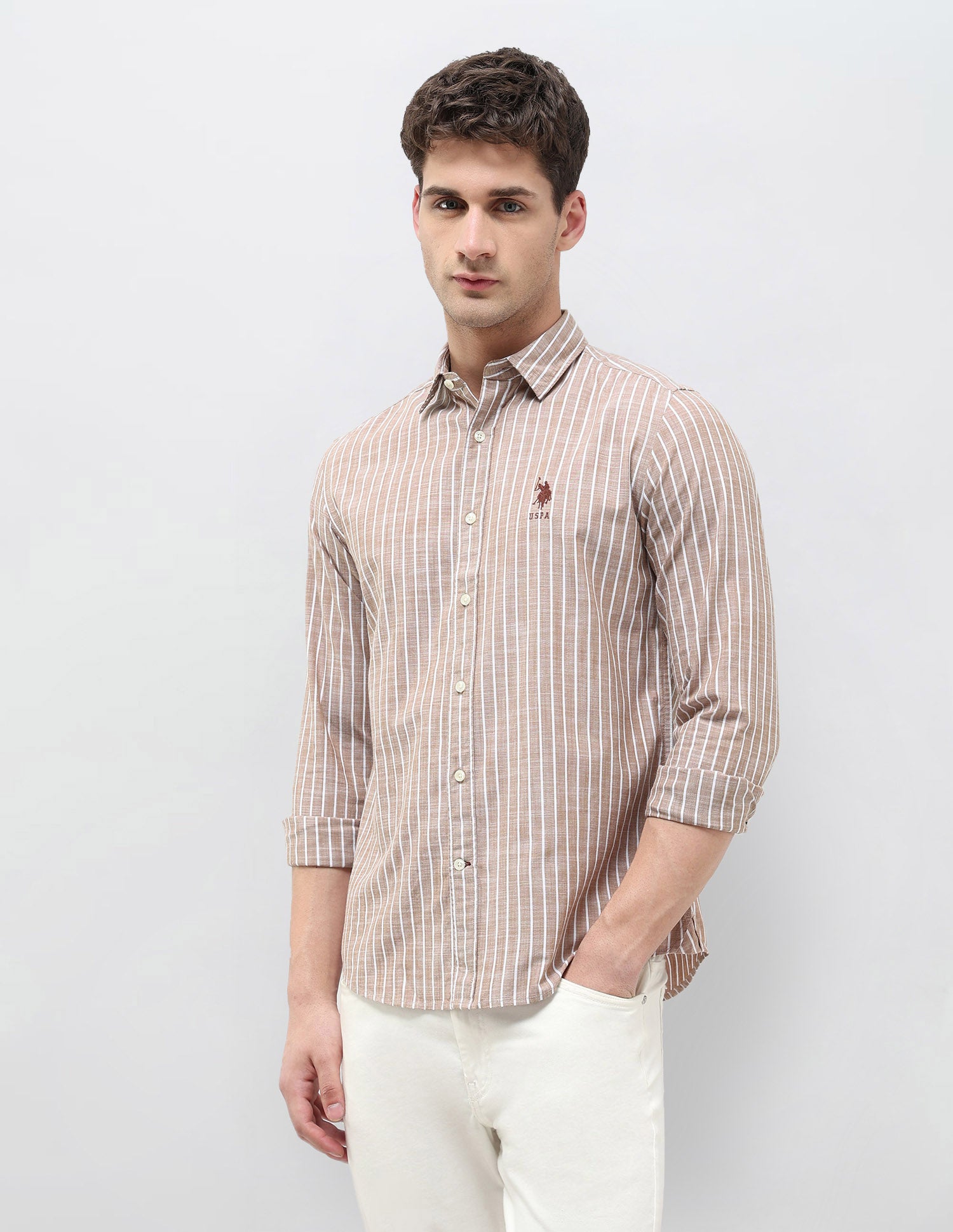 Regular Fit Vertical Striped Shirt Light Brown - U.S. POLO ASSN. | Large