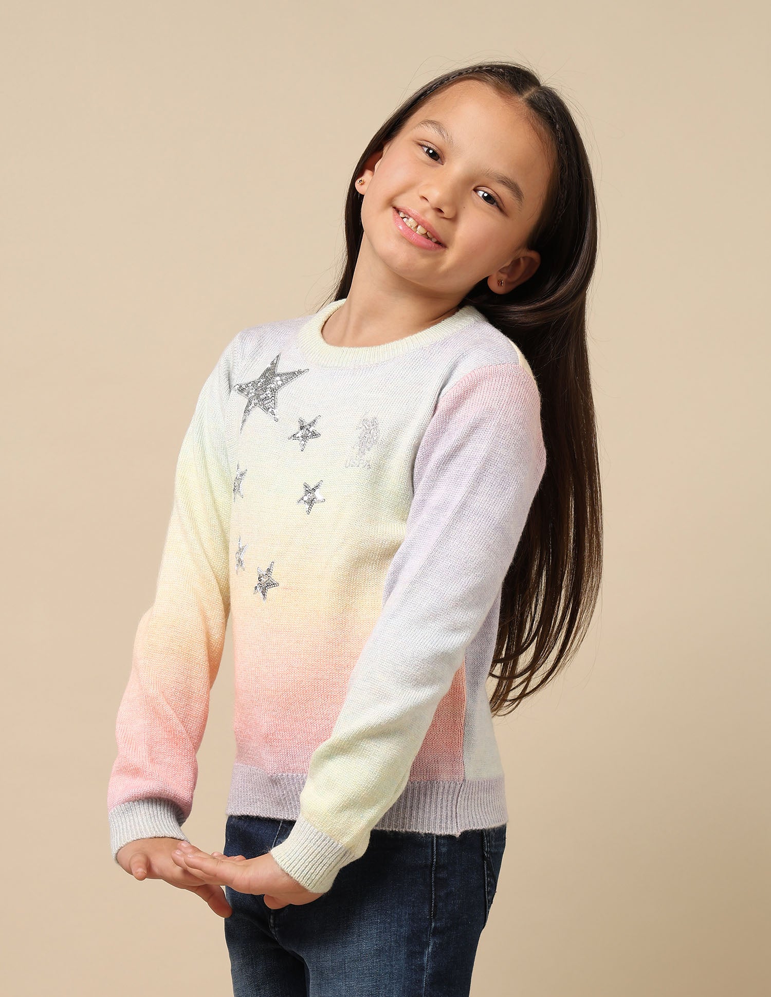 GirlsCrew Neck Embellished Sweater Pink and Grey - U.S. POLO ASSN. | Large