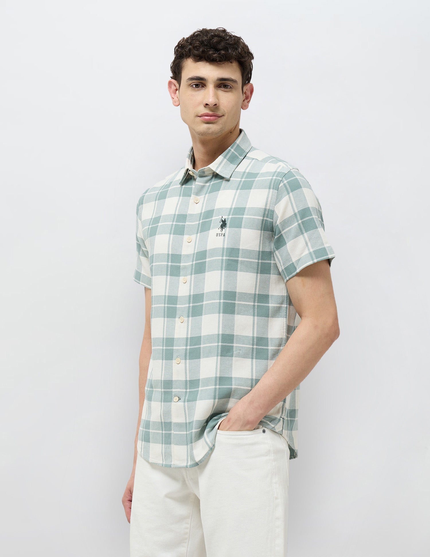 Textured With Tartan Checked Shirt Light Green - U.S. POLO ASSN. | Large