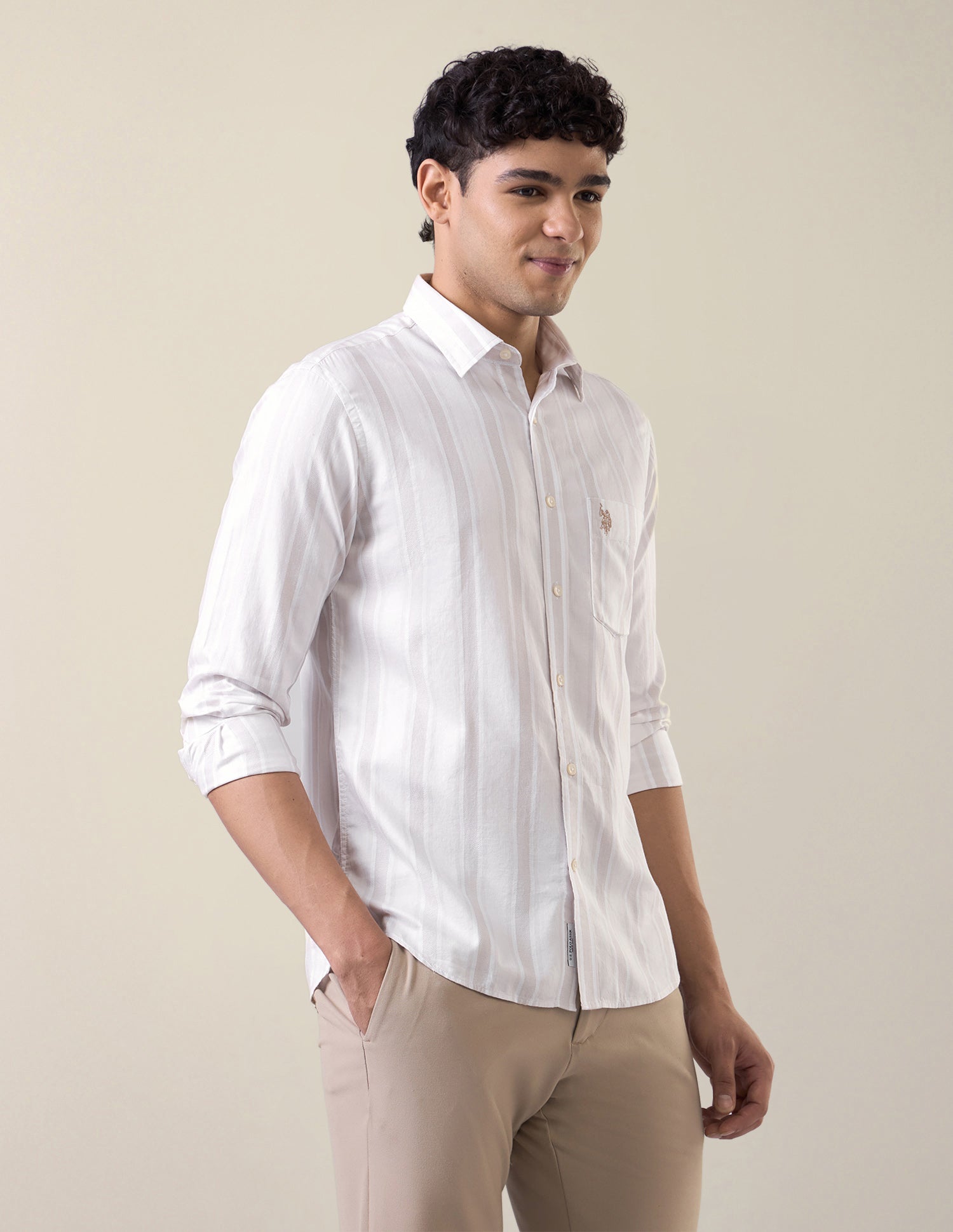 Vertical Striped Tailored Fit Shirt Cream - U.S. Polo Assn. India | Large