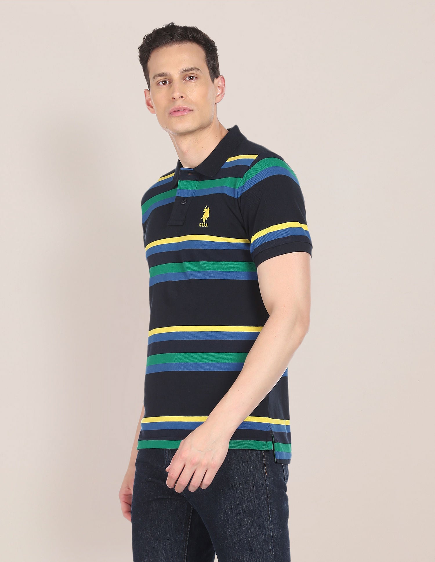 Men Navy Horizontal Stripe Cotton Polo Shirt Navy - U.S. POLO ASSN. | Large
