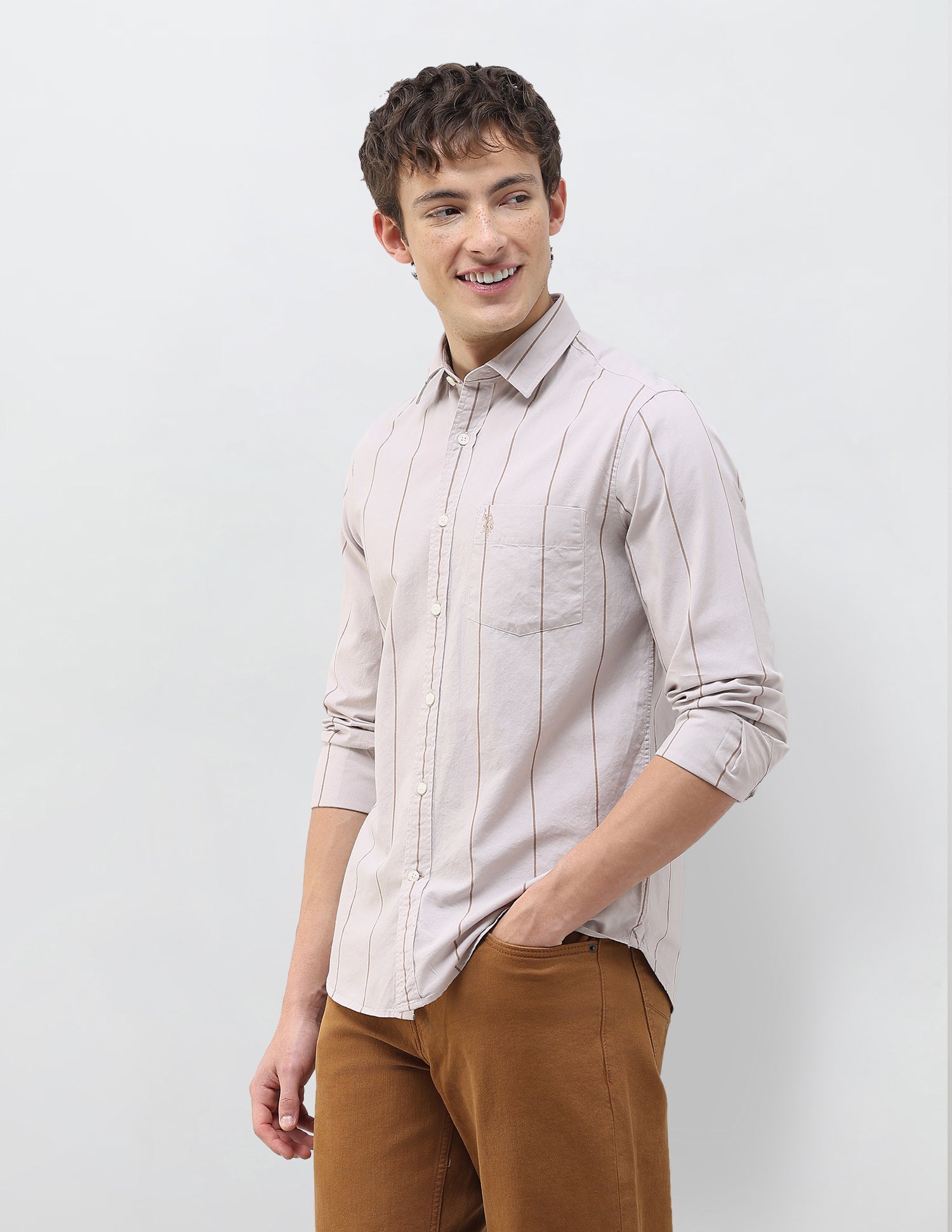 Vertical Striped Regular Fit Shirt Beige - U.S. Polo Assn. India | Large