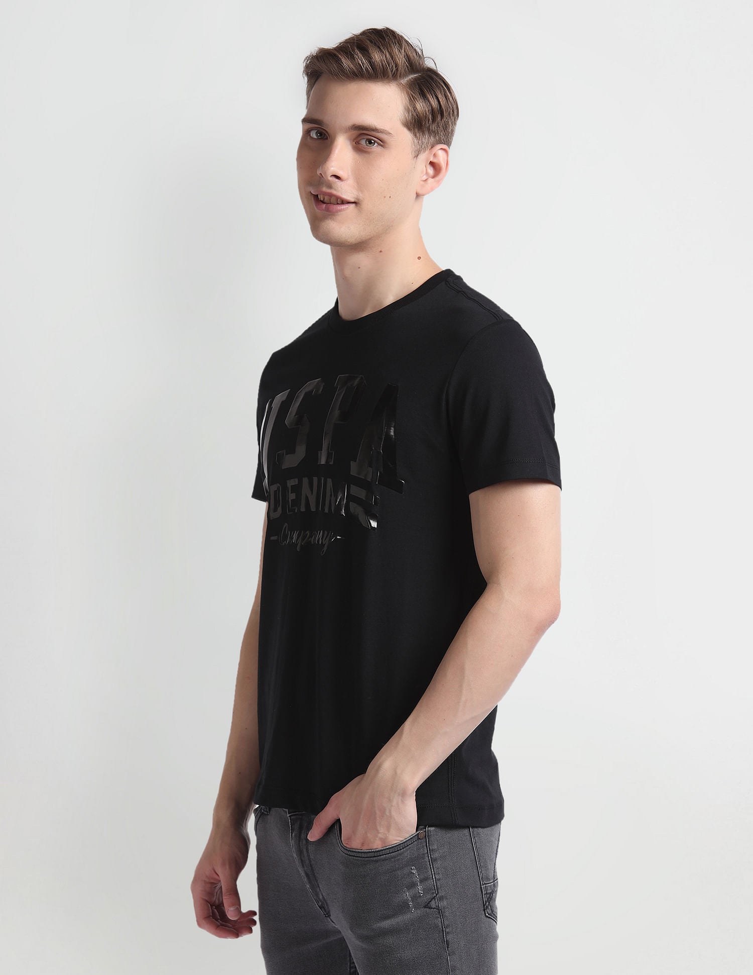 Brand Print Cotton T-Shirt Black - U.S. Polo Assn. India | Large