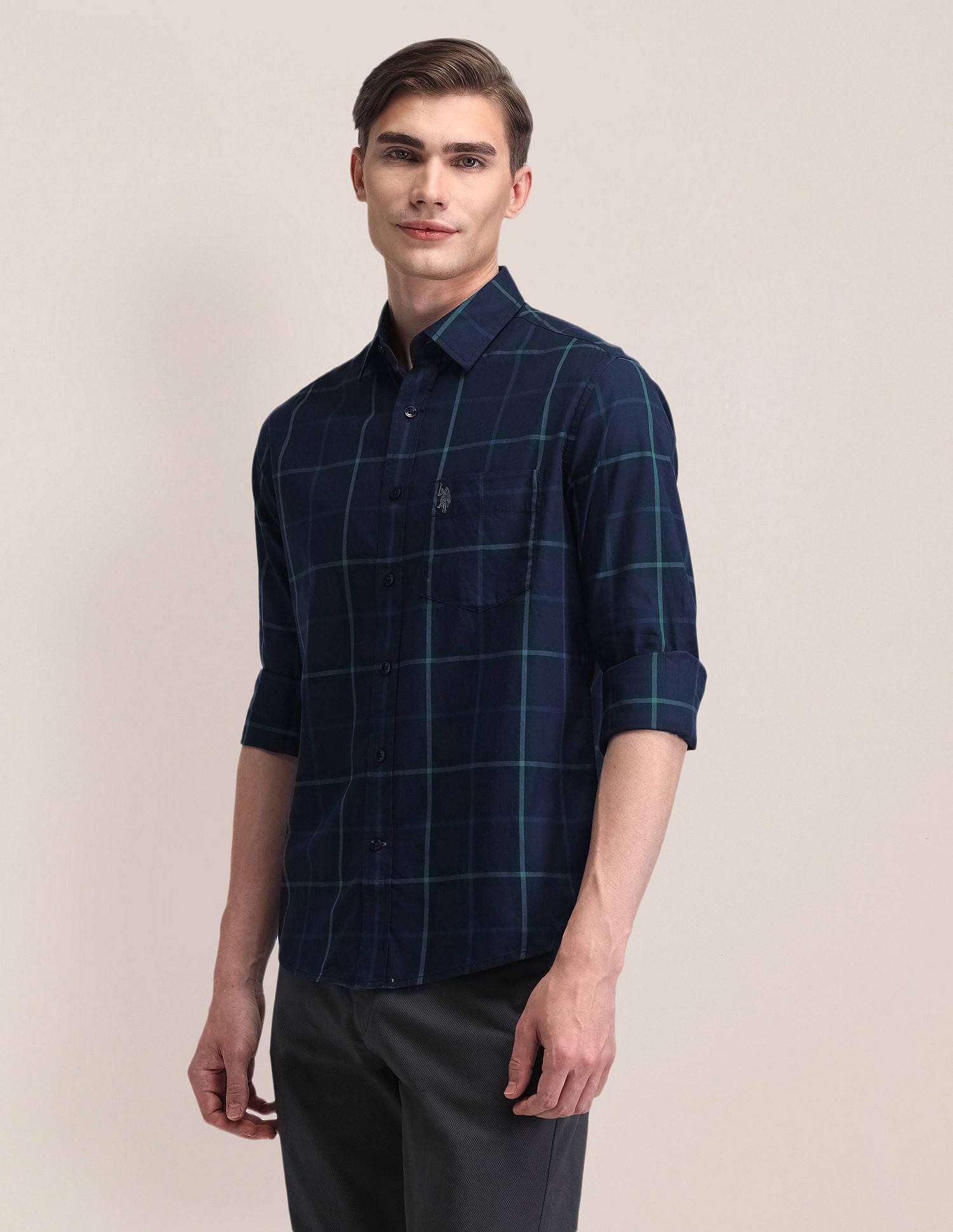 Windowpane Checked Tailored Fit Shirt Navy - U.S. Polo Assn. India | Large