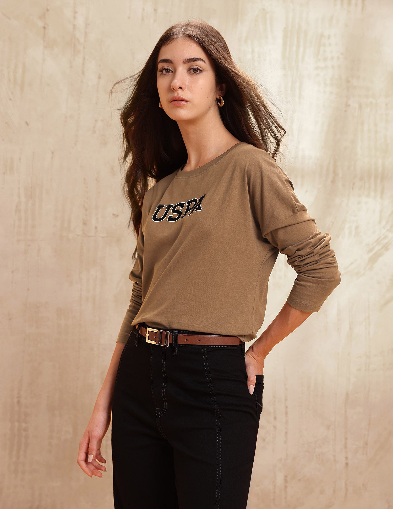 Crew Neck Drop Shoulder Full Sleeves Tshirt With Flock Print Brown - U.S. POLO ASSN. | Large