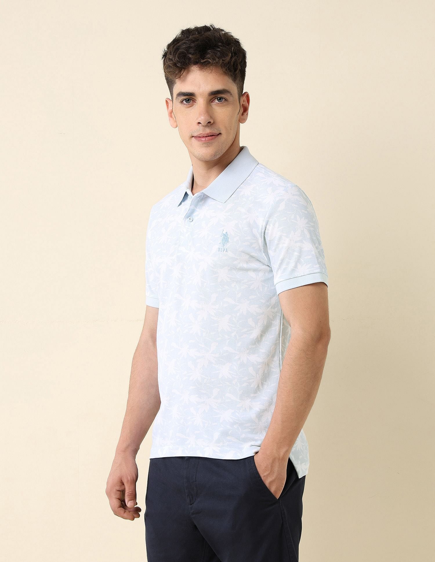All-Over Printed Slim Fit Polo Shirt Light Blue - U.S. Polo Assn. India | Large
