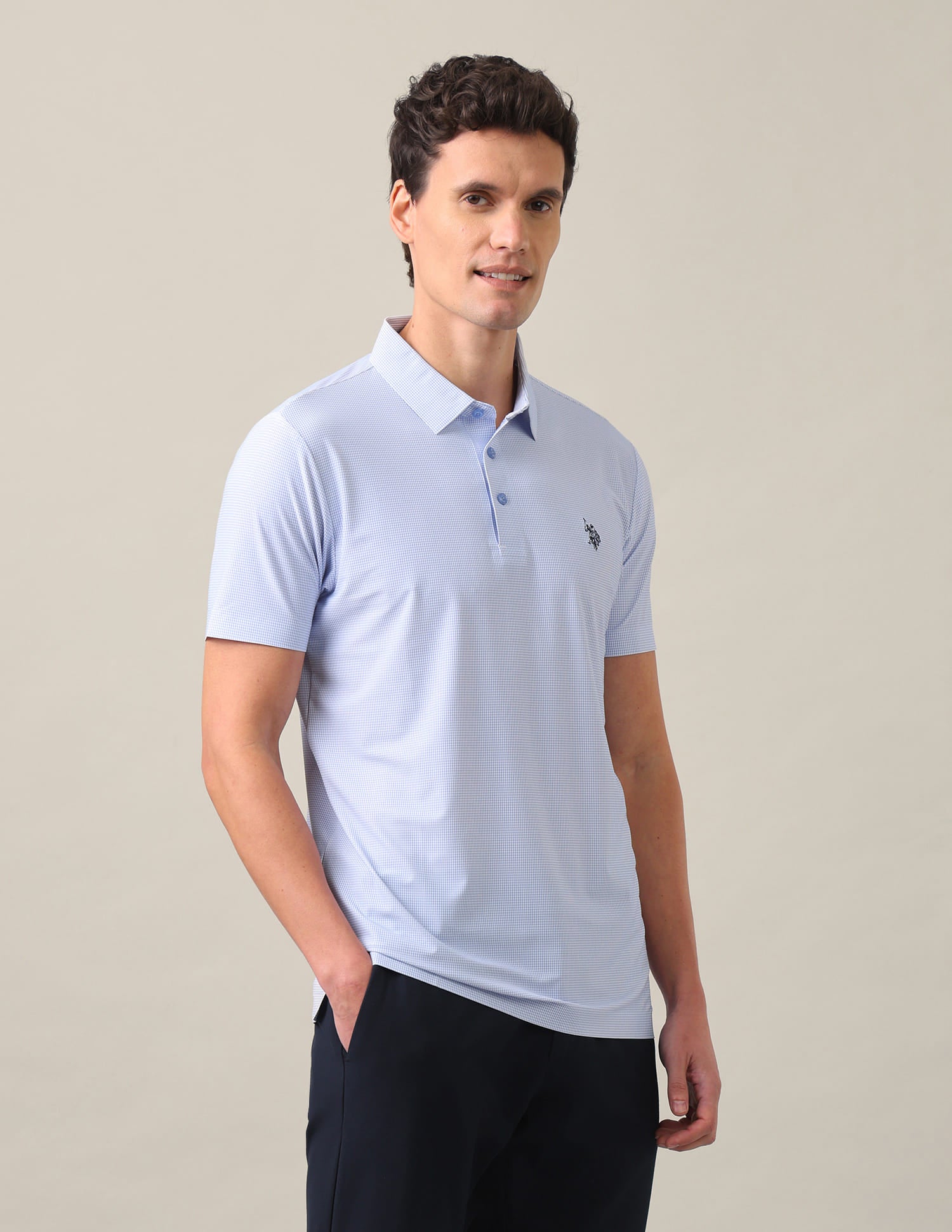 Houndstooth Checked Slim Fit Polo Shirt Light Blue - U.S. Polo Assn. India | Large