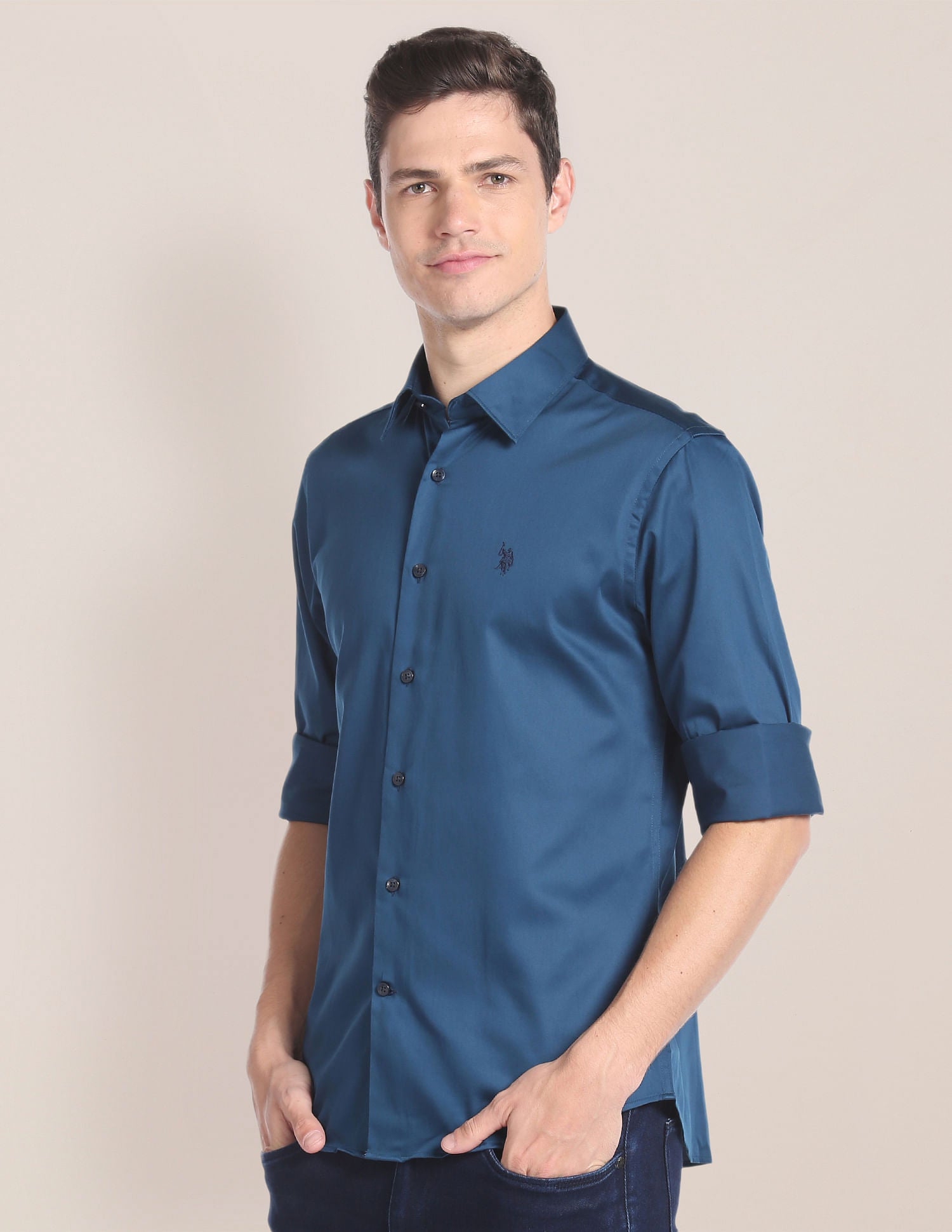 Solid Sateen Shirt Teal - U.S. POLO ASSN. | Large