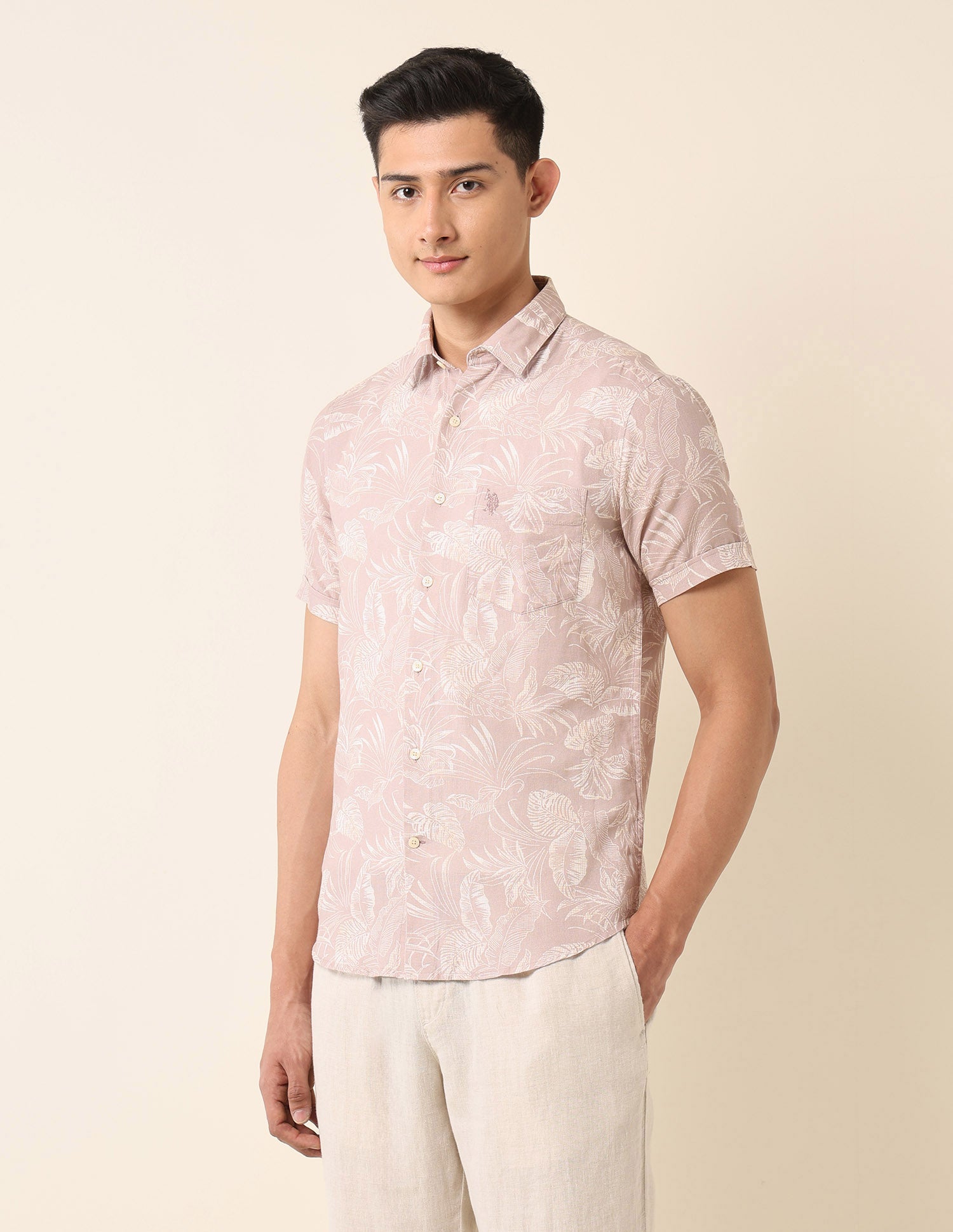 Tailored Fit Tropical Printed Shirt Peach - U.S. Polo Assn. India | Large