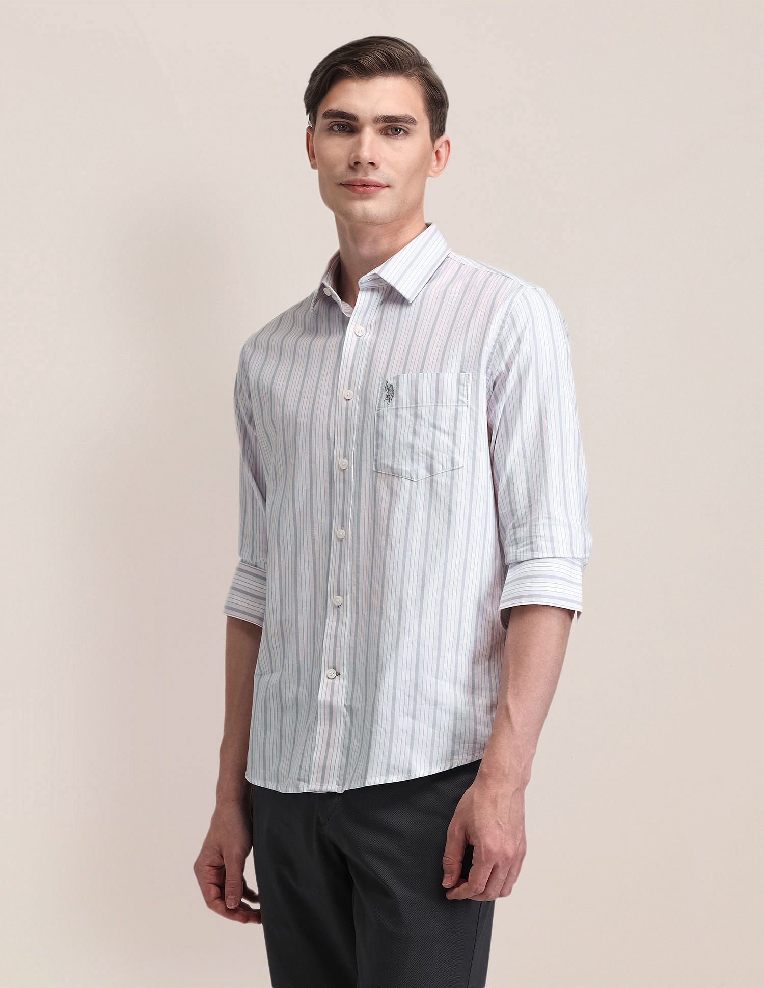 Vertical Striped Tailored Fit Shirt Light Pink and Grey - U.S. Polo Assn. India | Large