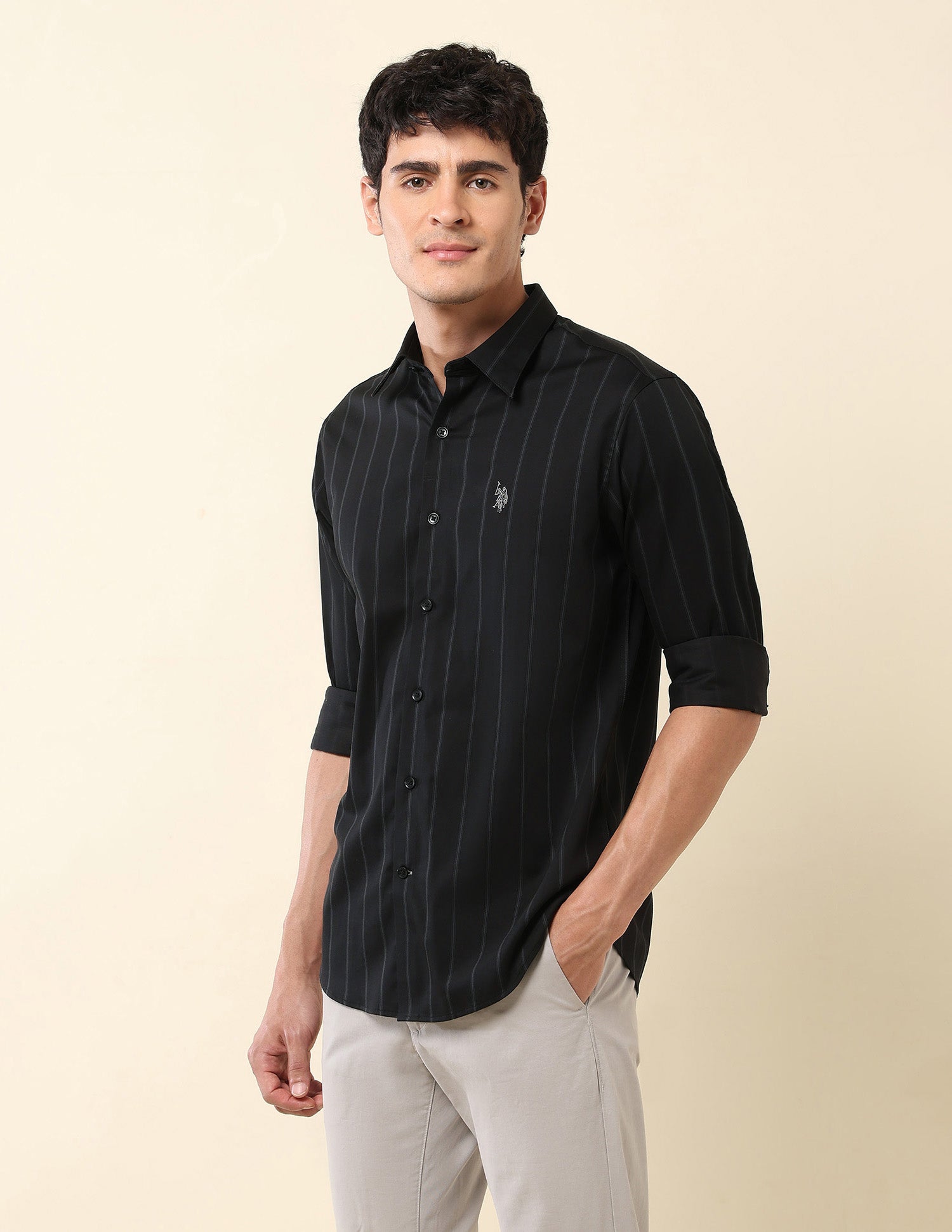 Vertical Striped Pure Cotton Shirt Dark Grey - U.S. Polo Assn. India | Large