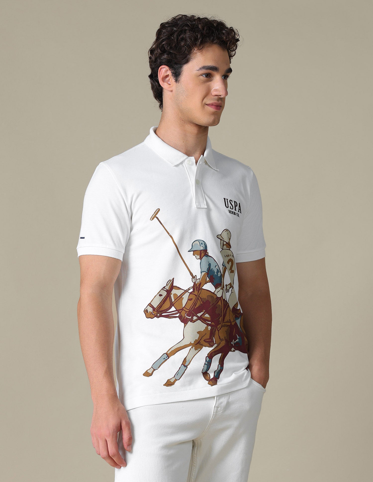 Graphic Brand Printed Slim Fit Polo Shirt Ivory - U.S. Polo Assn. India | Large